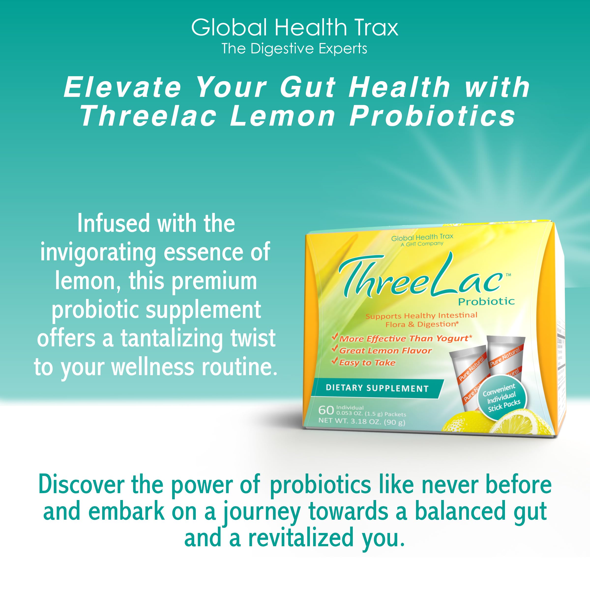 Global Health Trax GHT - ThreeLac Lemon Probiotic Drink Mix for Digestive Health - Advanced Probiotic Powder Formula for Men, Women & Kids - Immune Support & Gut Balance, Non-GMO - 60 Packets ght Global Health TraxAu supplements