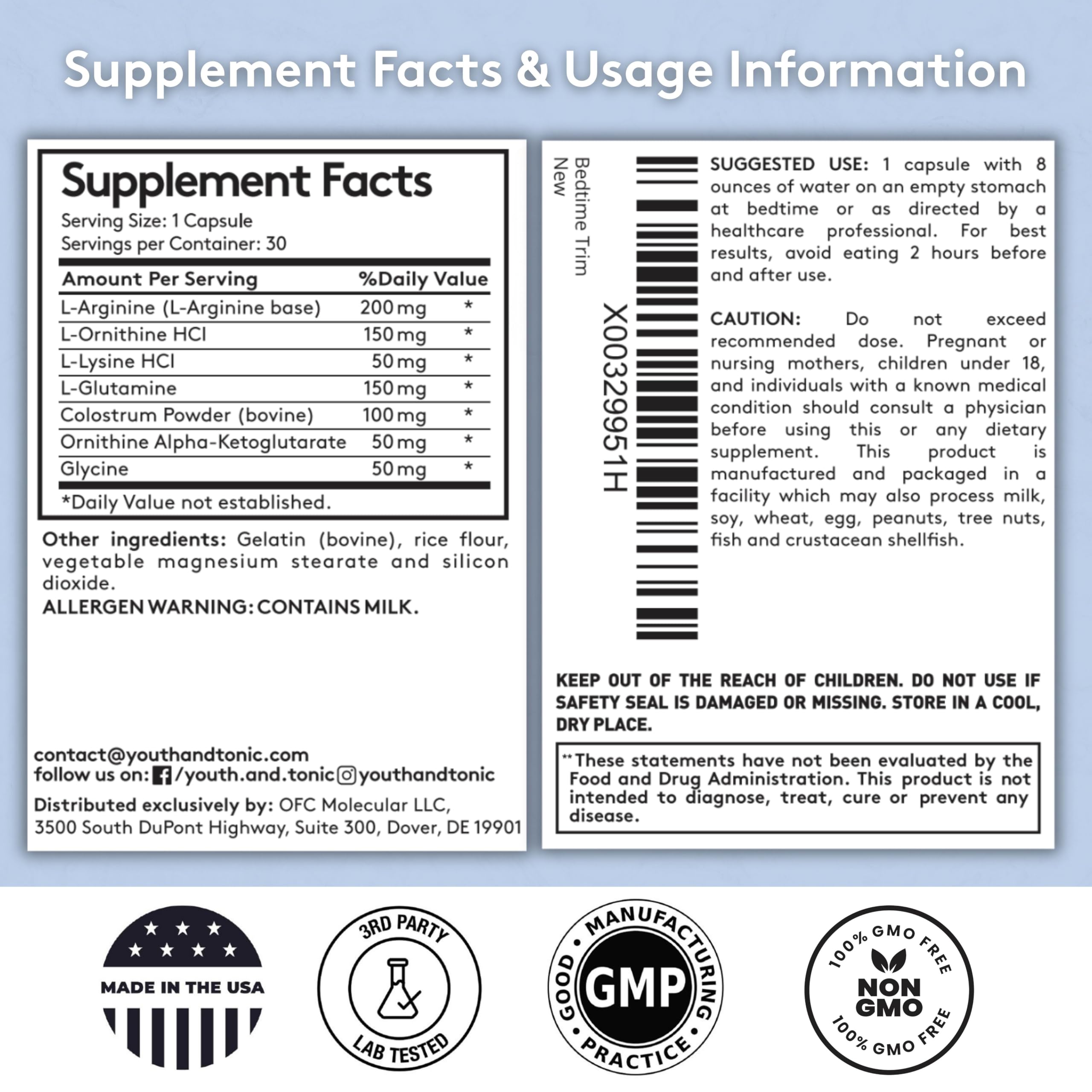 Youth & Tonic PM Bedtime Trim for Lean Appearance & Muscle Definition Support – Nighttime Amino Acids Supplement for Overnight Recovery, Men & Women, 30 Capsules Youth & TonicAu supplements