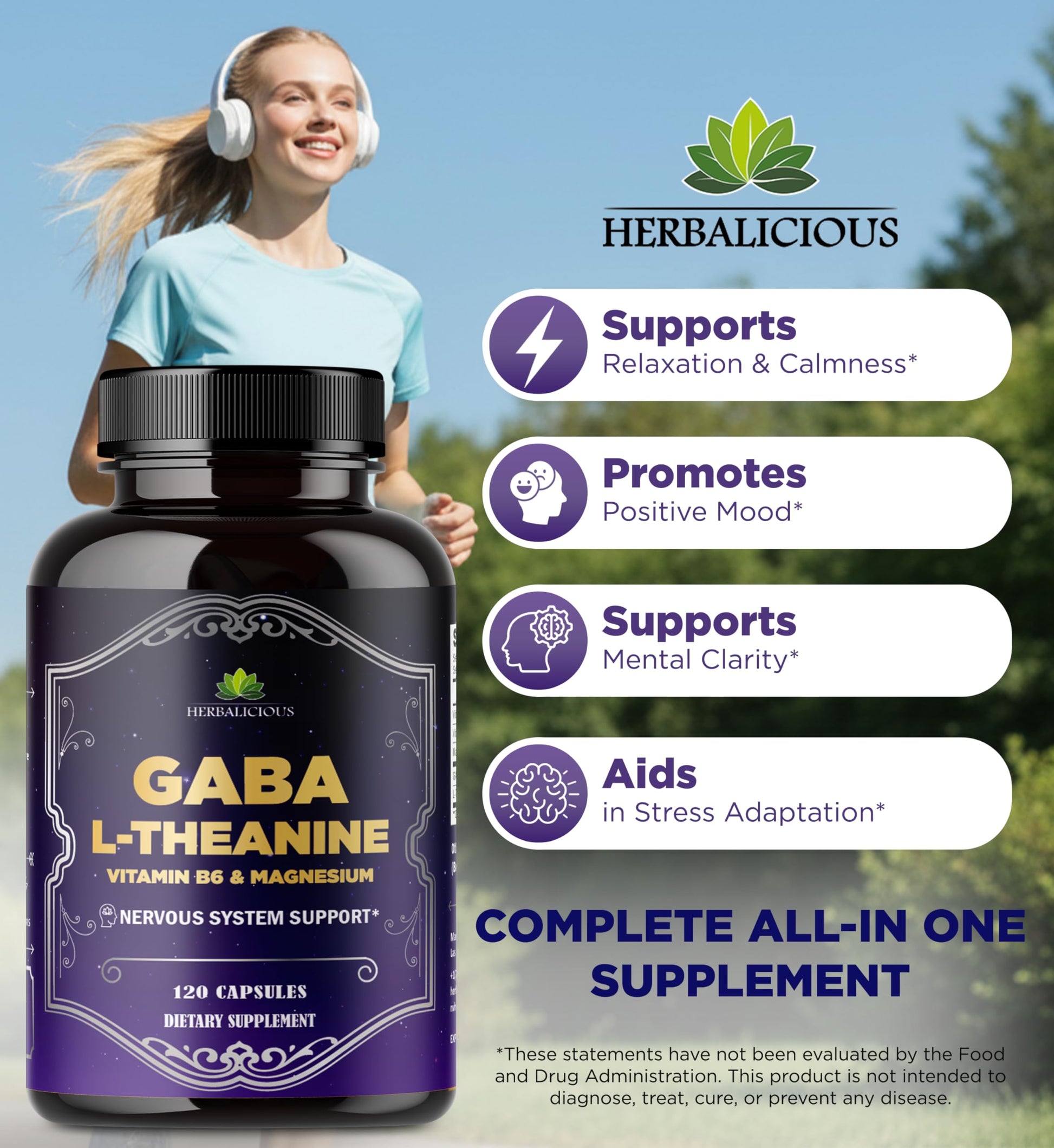 HERBALICIOUS GABA L-Theanine with Magnesium – Calm & Focus Support, Stress Relief, Relaxation + Mood Balance, Brain & Memory Support Supplement – Vitamin B6 + B12 Complex – 120 Capsules HERBALICIOUSAu supplements