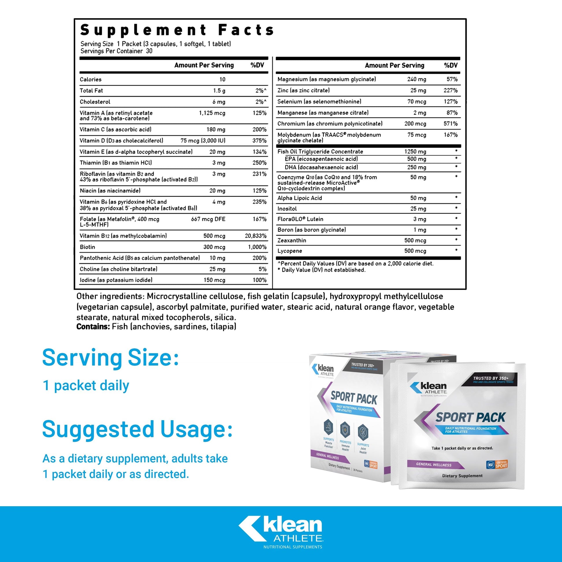 Klean Athlete Klean Sport Pack - Contains Magnesium Glycinate, Vitamin D & Omega-3 - Supports Muscle, Joint & Immune Health - NSF Certified - Daily Nutritional Supplement for Athletes - 30 Packets Klean AthleteAu supplements
