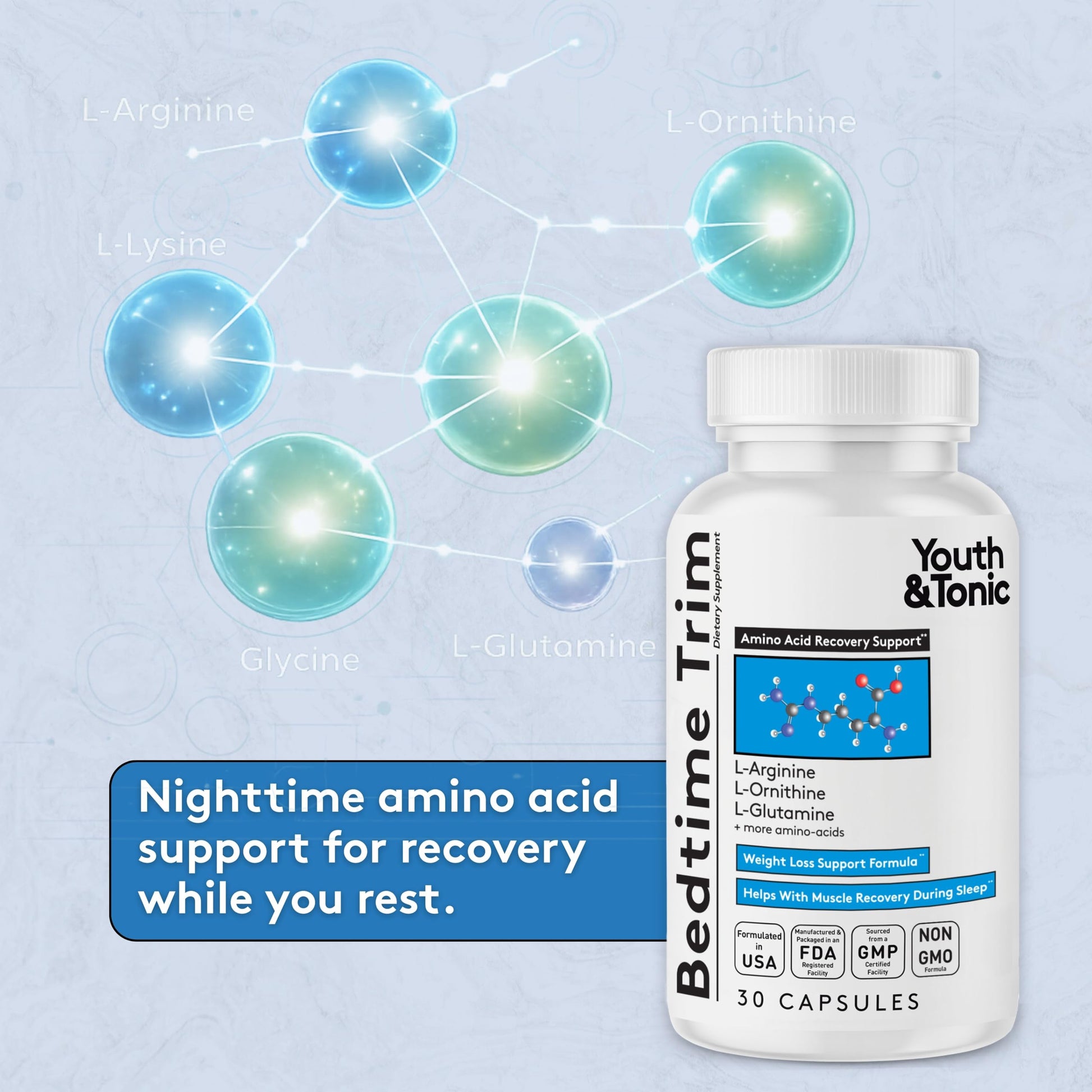 Youth & Tonic PM Bedtime Trim for Lean Appearance & Muscle Definition Support – Nighttime Amino Acids Supplement for Overnight Recovery, Men & Women, 30 Capsules Youth & TonicAu supplements