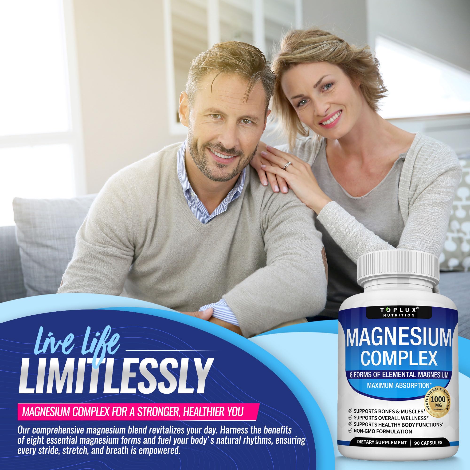 Magnesium Complex Supplement 8 Elemental 1000mg - Magnesium Glycinate, Citrate, Malate, Taurate, Chelated for Easy Absorption for Bones