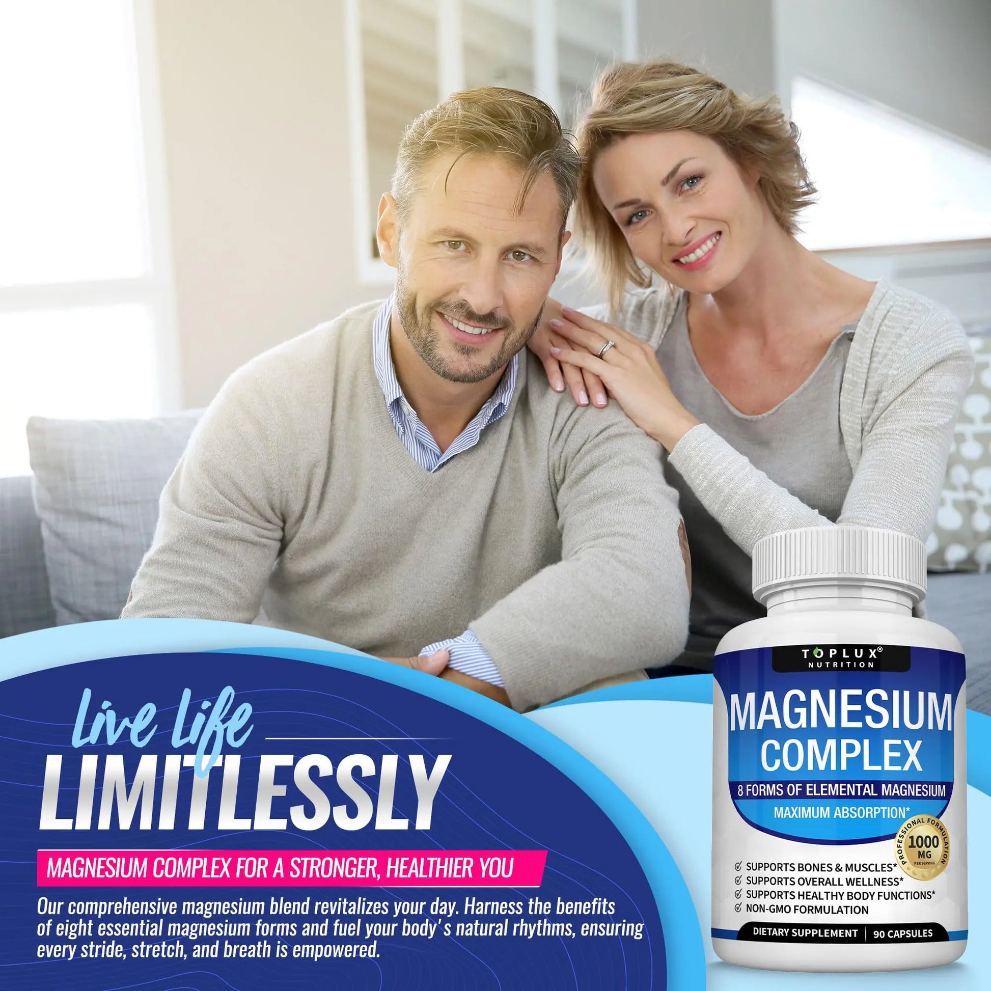 Magnesium Complex Supplement 8 Elemental 1000mg - Magnesium Glycinate, Citrate, Malate, Taurate, Chelated for Easy Absorption for Bones, Muscle, Recovery, Energy, Vegan Non-GMO 90 Capsules Topluxnz supplements