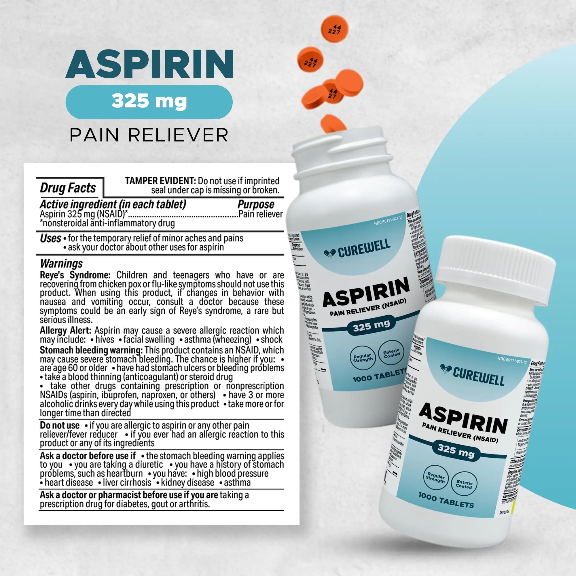 CUREWELL Enteric Coated Aspirin Tablets 325mg (1000 Count) NSAID Pain Reliever & Fever Reducer Coated Aspirin for Adults - Regular Strength for Headache Arthritis Menstrual & Muscle Pain CUREWELLAu supplements