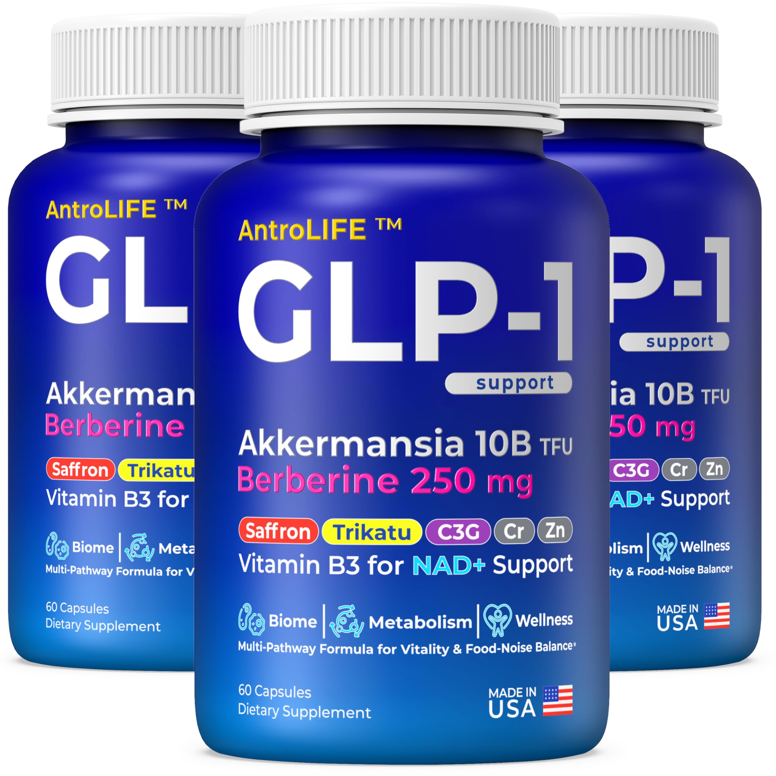 GLP-1 Support – Akkermansia Postbiotic 10B TFU + Berberine HCl 250 mg | 18-Ingredient System | Appetite, Mood & Metabolic Support | Inulin-Free | Saffron, NAD+ Cofactors | 3 Pack | 90-Day Supply ANTROLIFEAu supplements