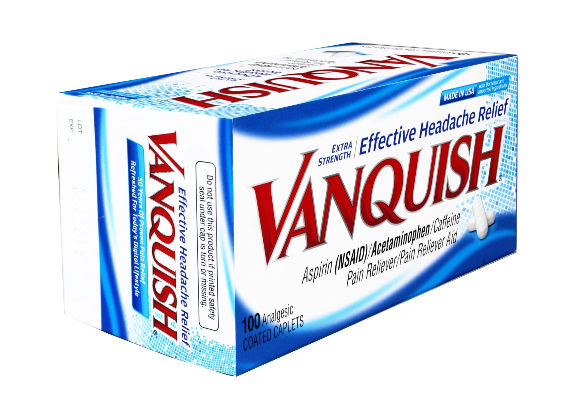 Vanquish Extra Strength Pain Reliever Headache Relief Aspirin Acetaminophen Caffeine 100 Coated Caplets (Pack of 2) VanquishAu supplements