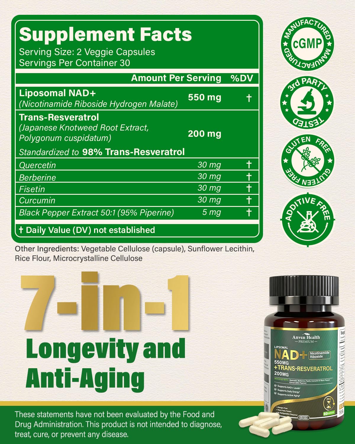 Liposomal NAD+ Resveratrol Supplement - NMN Alternative with Trans-Resveratrol, Quercetin & Fisetin - NAD Plus Booting for Women and Men, Support Cellular Energy & Healthy Aging, Non-GMO | 60 Capsules Anven HealthAu supplements