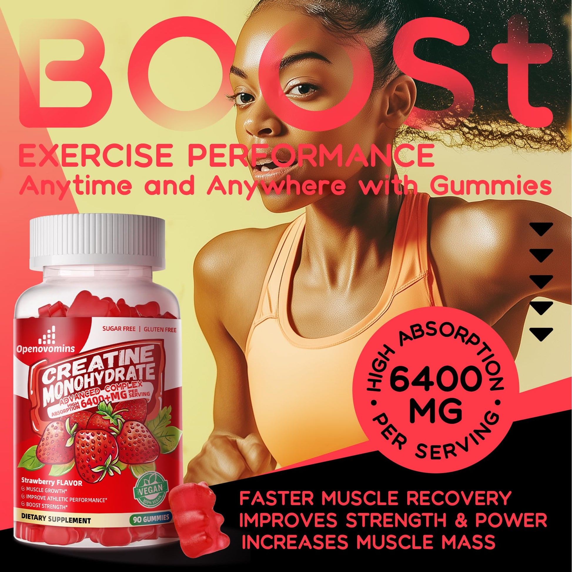Creatine Monohydrate Gummies Complex for Men & Women -Advanced Formula W/L-Taurine + Vitamin B12, Sugar Free Chewable Supplement,90 Strawberry Gummies OpenovominsAu supplements