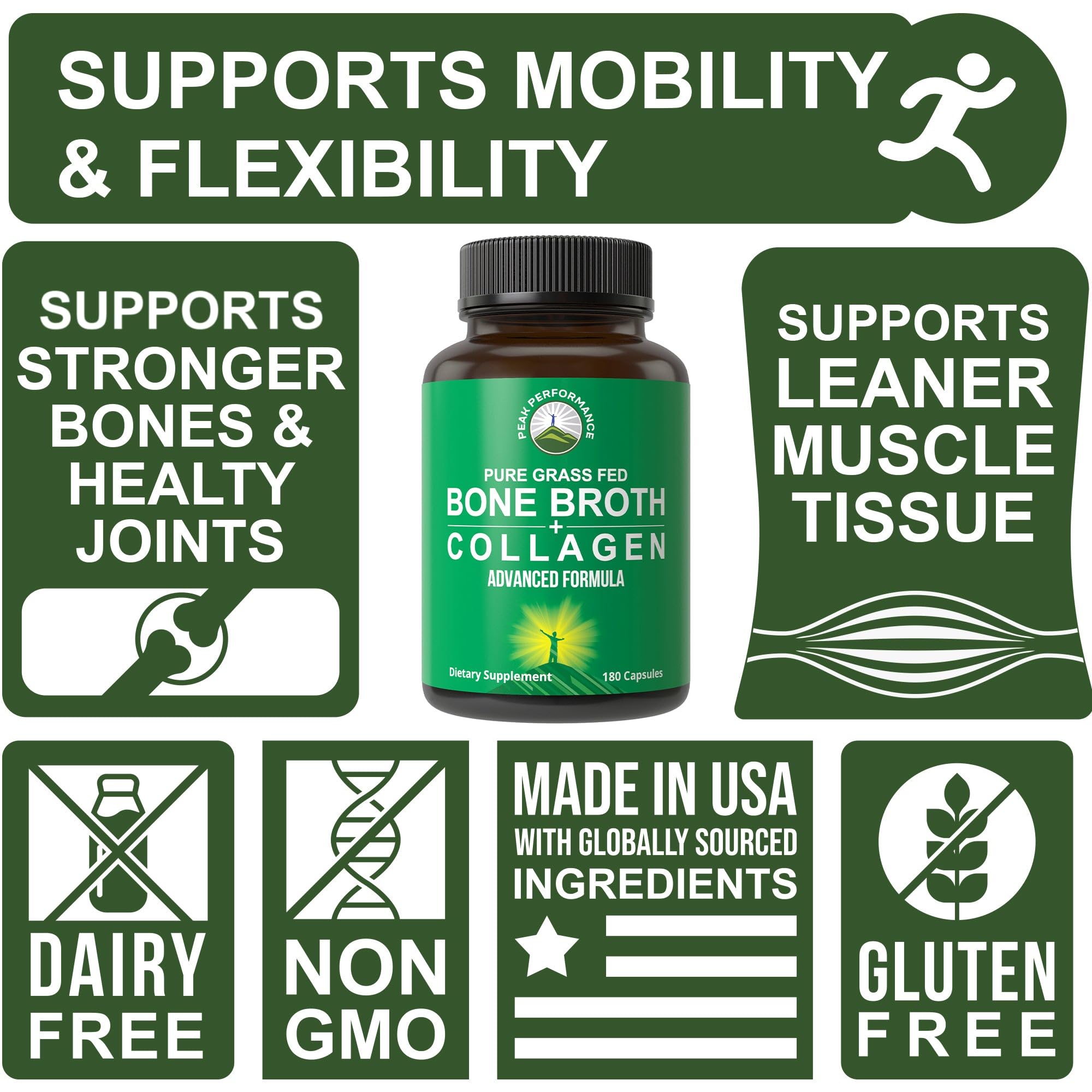 Bone Broth Collagen Capsules. 180 Pills of Grass Fed Bone Broth Collagen Protein Peptides. Contains All 3 Types 1, 2, and 3. Pure Pasture Raised Paleo Friendly Tablets for Women and Men Peak PerformanceAu supplements