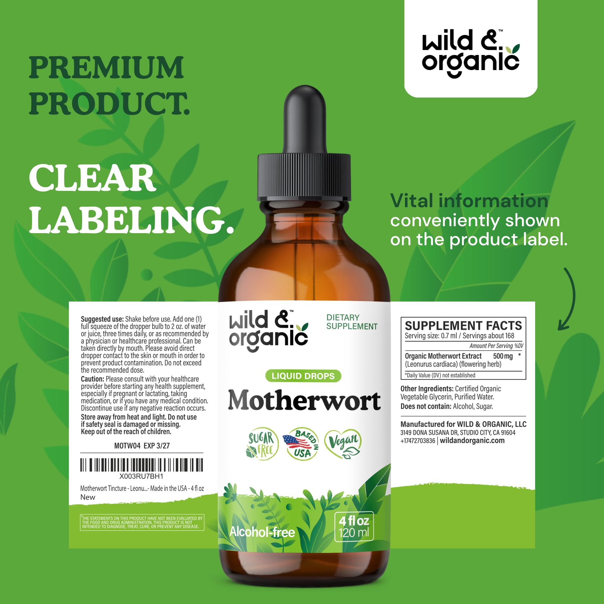 Wild & Organic Motherwort Tincture - Good Mood, Calmness, Overall Support - Supplements for Women with Motherwort Herb - Vegan, Sugar & Alcohol-Free Extract Drops - 4 fl oz Wild & OrganicAu supplements