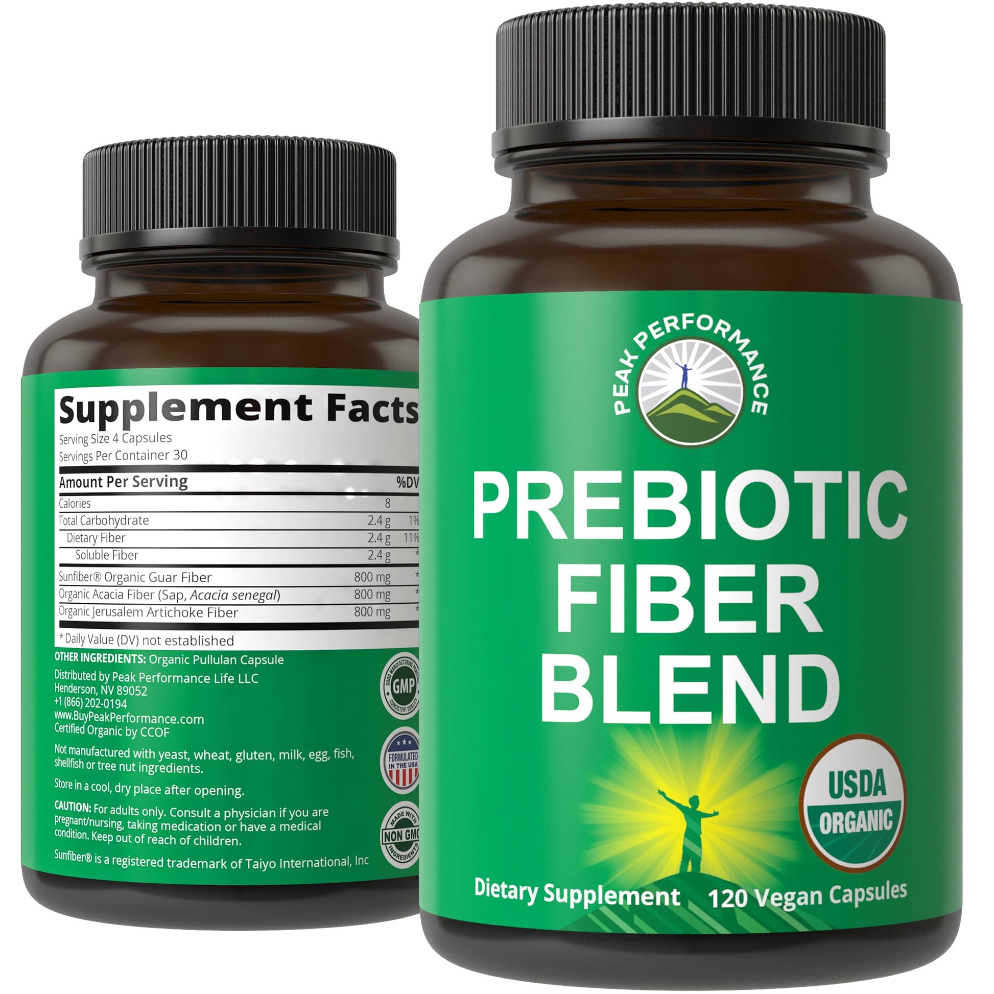 USDA Organic 3-in-1 Prebiotic Fiber - Vegan Capsules for Gut, Digestive Health. Raw Whole Food Plant Based Prebiotics Pills Supplement with Inulin (Jerusalem Artichoke), Acacia Fibers, SunFiber Peak PerformanceAu supplements
