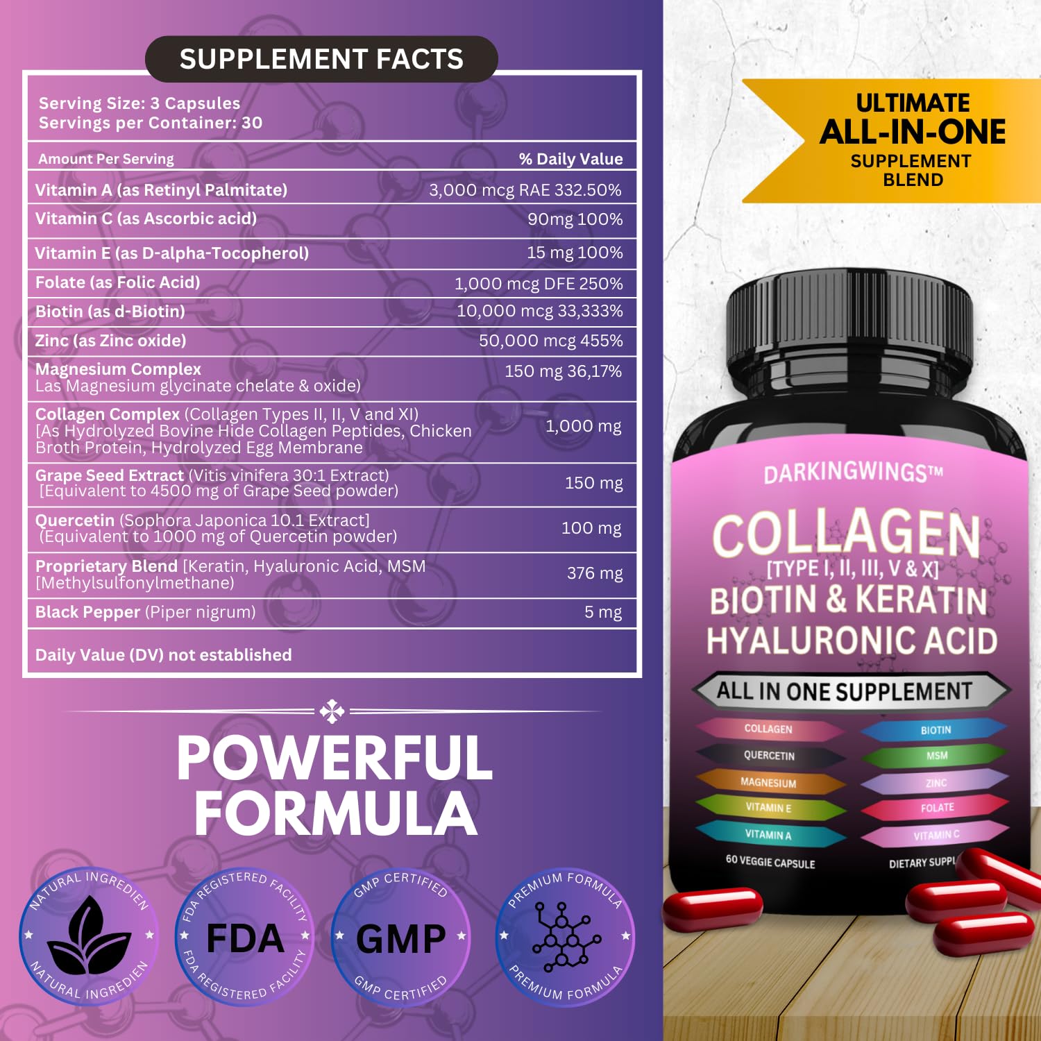 Multi Collagen Pills Peptides Types I, II, III, V & X MCG Biotin Keratin Hyaluronic Acid MSM Vitamin C Zinc Magnesium with Grape Seed Extract, Quercetin - Hair Skin and Nails Vitamins Capsule DarkingwingsAu supplements