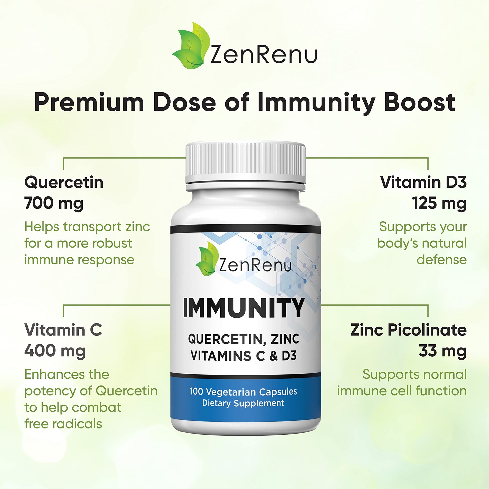 Zenrenu Immunity Quercetin 700 mg Zinc Vitamin C Vitamin D Immune Support Supplement with Curcumin - Easy to Absorb Immunity Supplement, 100 Vegetarian Capsules 50 Day Supply ZenrenuAu supplements