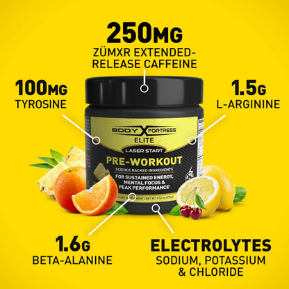 Body Fortress Elite Laser Start Pre-Workout Powder,ZümXR Caffeine for Sustained Energy Body FortressUS supplements
