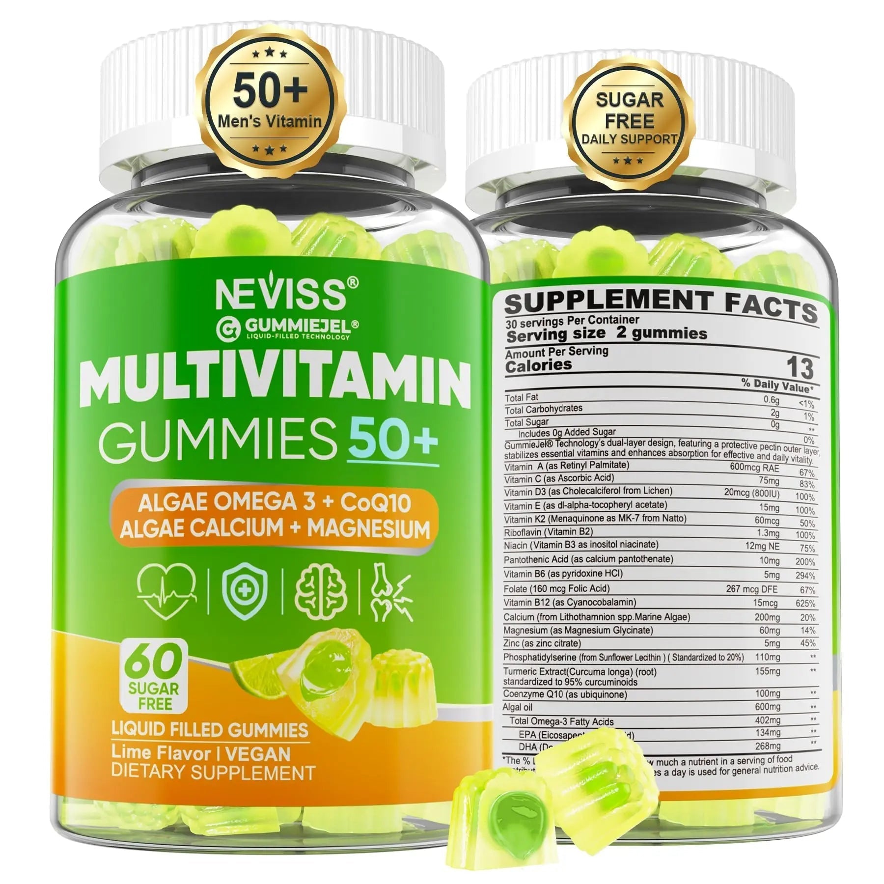 Multivitamin for Men 50 + Plus, Sugar Free Men Multivitamins Gummies w/Omega-3, Coq10, D3k2, Calcium, Magnesium NEVISSAu supplements