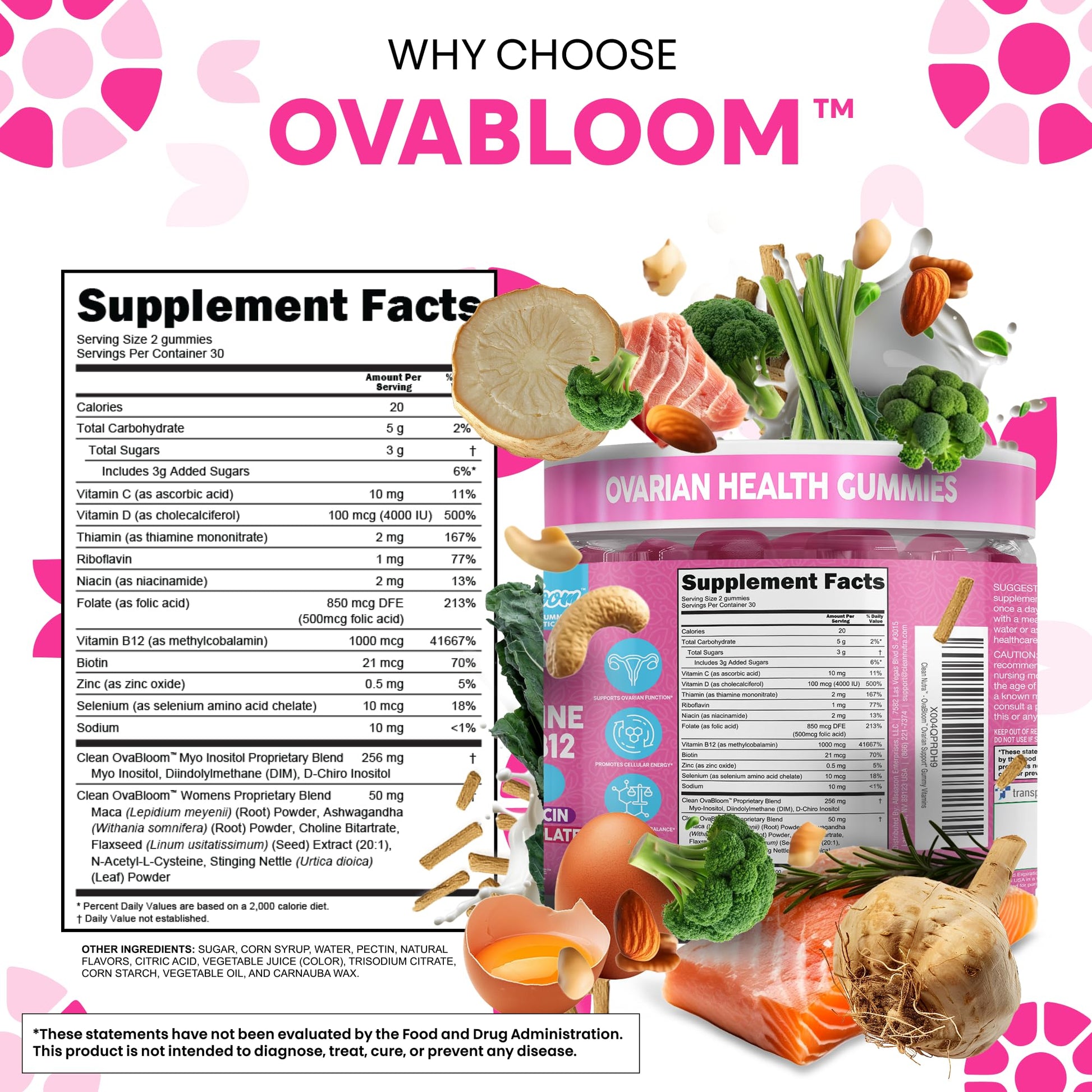 OVA Bloom Ovarian Support Gummies Myo Inositol D-Chiro Inositol Choline Flax Biotin Riboflavin Thiamin Niacin Ashwagandha DIM Maca Root Vitamin C D3 B12 Zinc 60 Count By Clean Nutra Clean NutraceuticalsAu supplements
