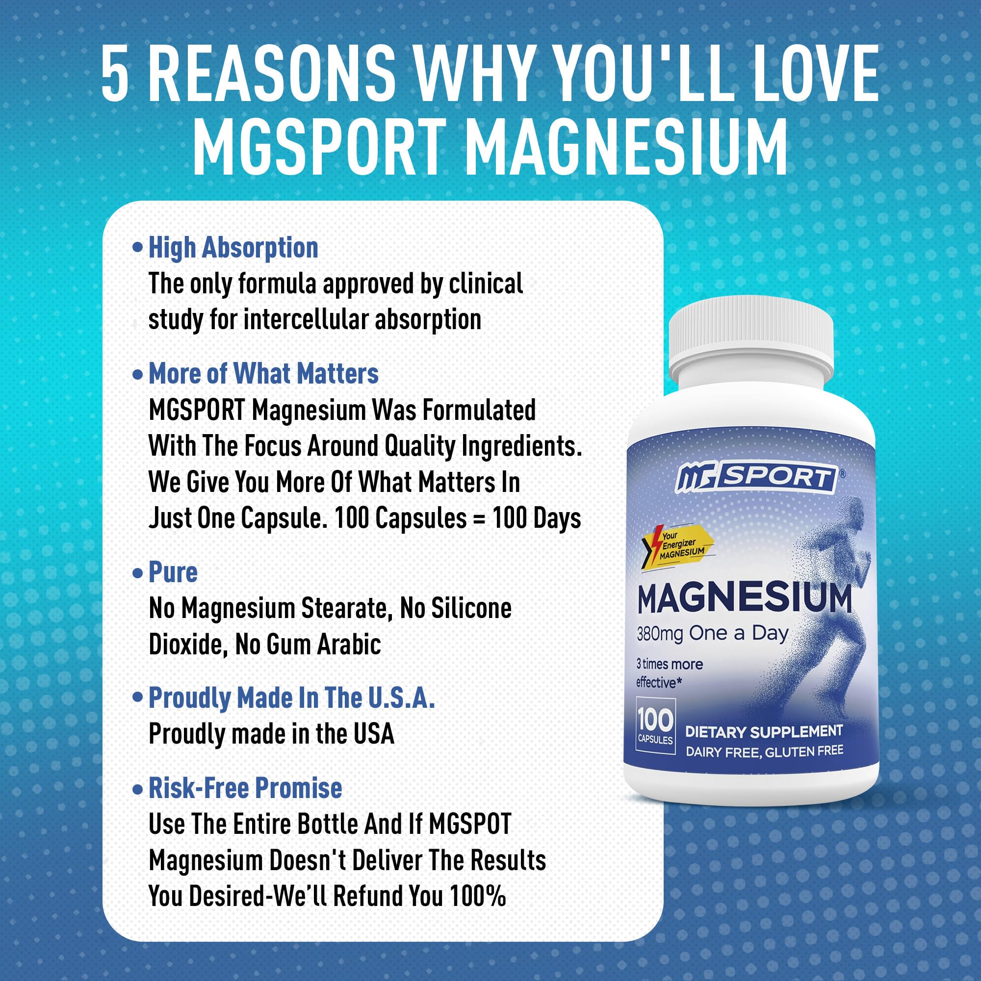 MGSPORT Magnesium Supplement 380mg - High Absorption Magnesium Complex Formula with Vitamins B6, D, E - Supports Muscle Function and Sleep Quality - 100 Servings MgSportAu supplements