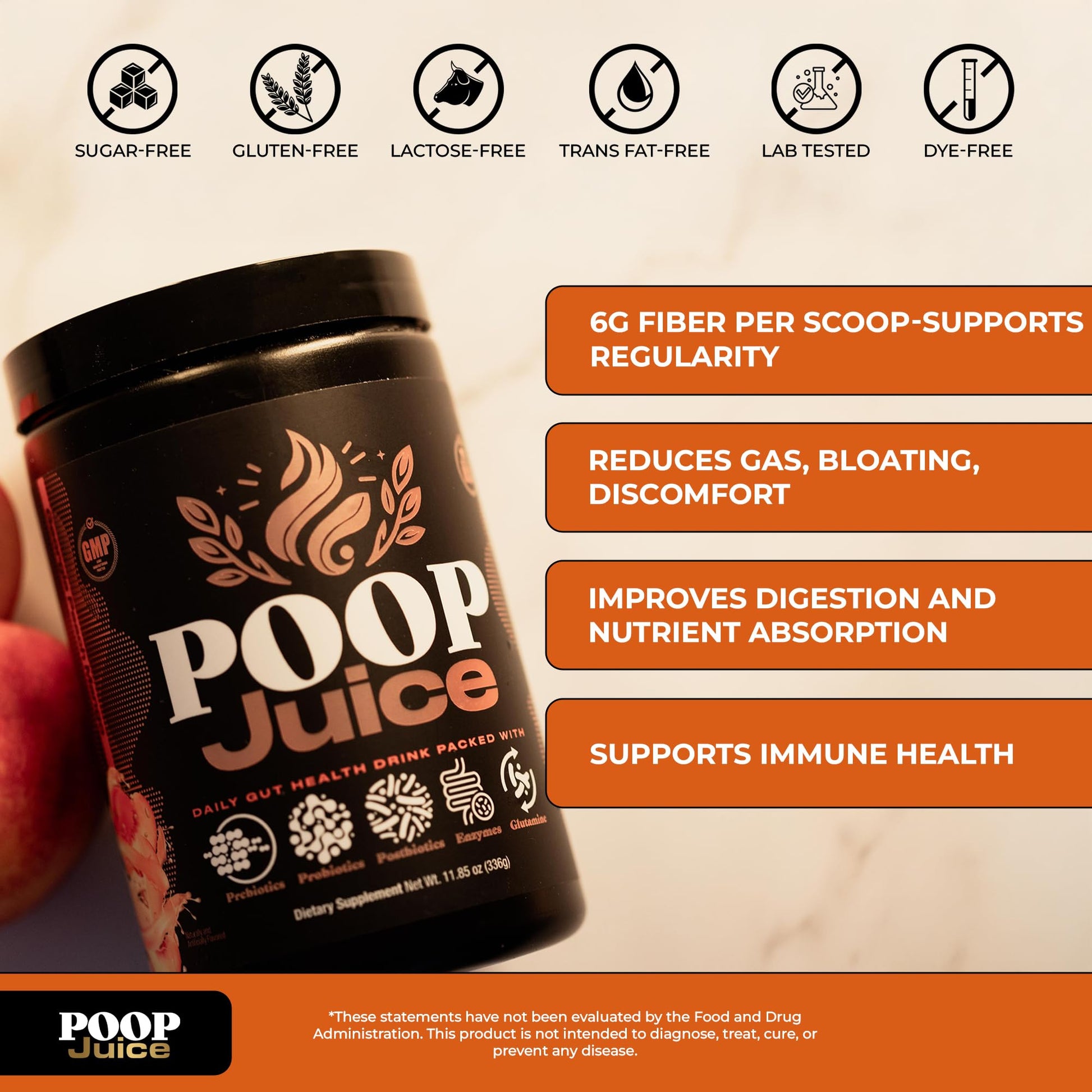 Poop Juice 5-in-1 Daily Fiber Supplement Powder - Bloat & Poop Relief - Prebiotic, Probiotic, Postbiotic, Digestive Enzymes, L-Glutamine - GLP-1 Support - Sugar-Free Georgia Peach Mango (30 Servings) Poop JuiceAu supplements