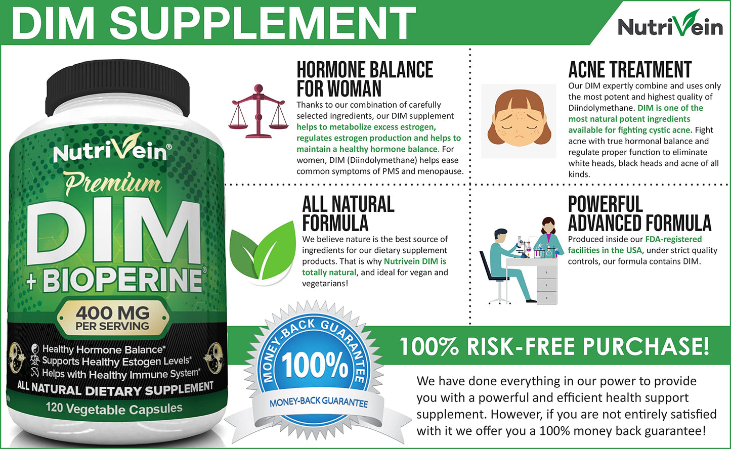 Nutrivein DIM Supplement 400mg Diindolylmethane Plus Bioperine - Maintain Hormone NutriveinUS supplements