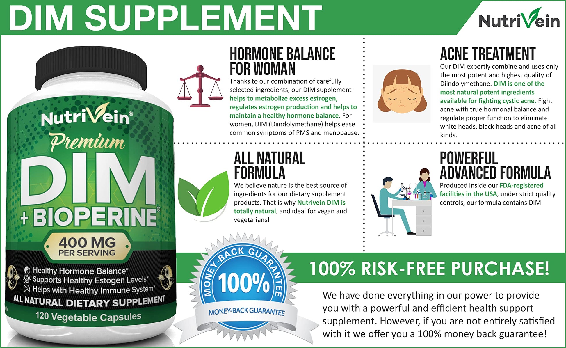 Nutrivein DIM Supplement 400mg Diindolylmethane Plus Bioperine - Maintain Hormone NutriveinAu supplements