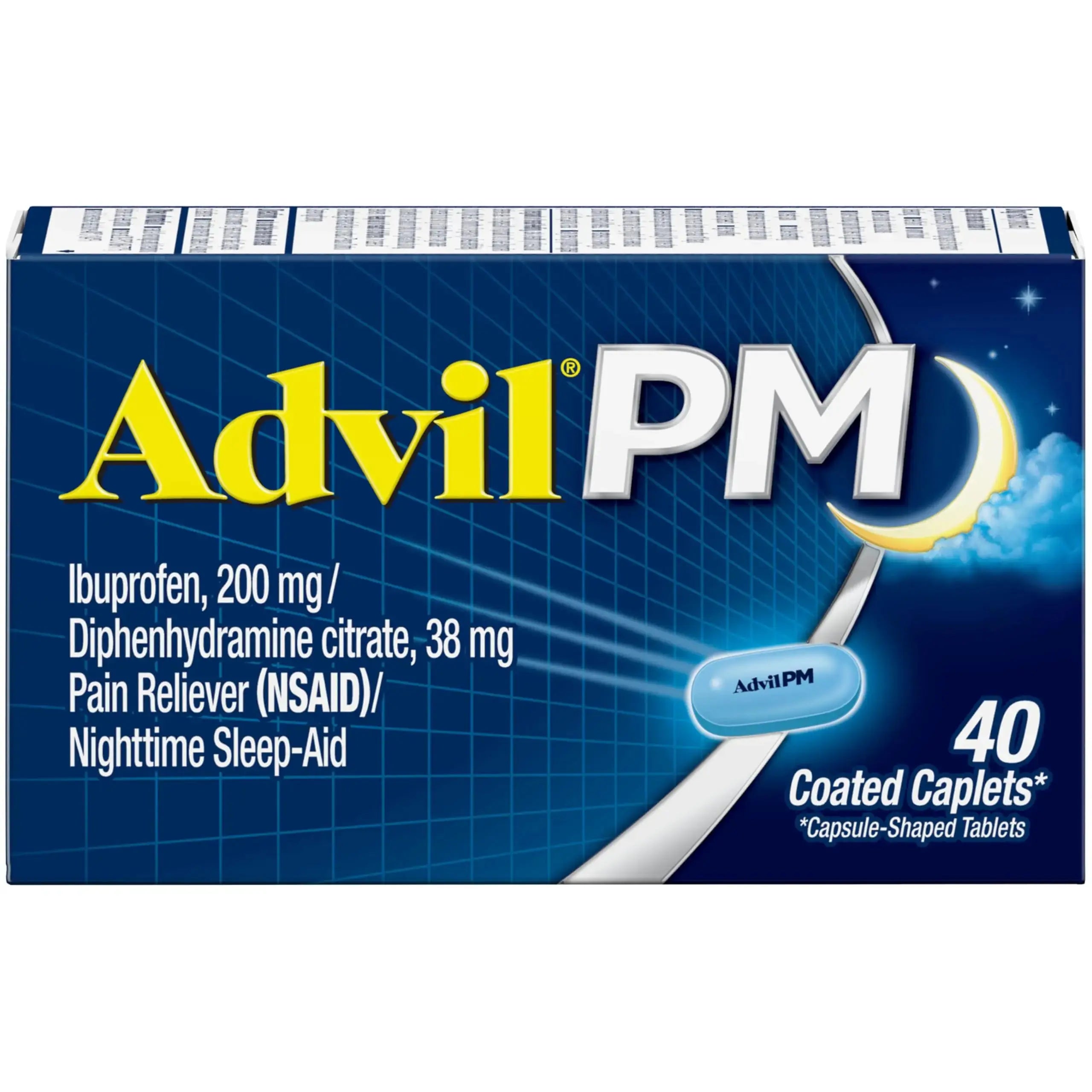 Advil PM Pain Reliever and Nighttime Sleep Aid, Pain Medicine with Ibuprofen for Pain Relief and Diphenhydramine Citrate for a Sleep Aid - 40 Coated Caplets AdvilAu supplements