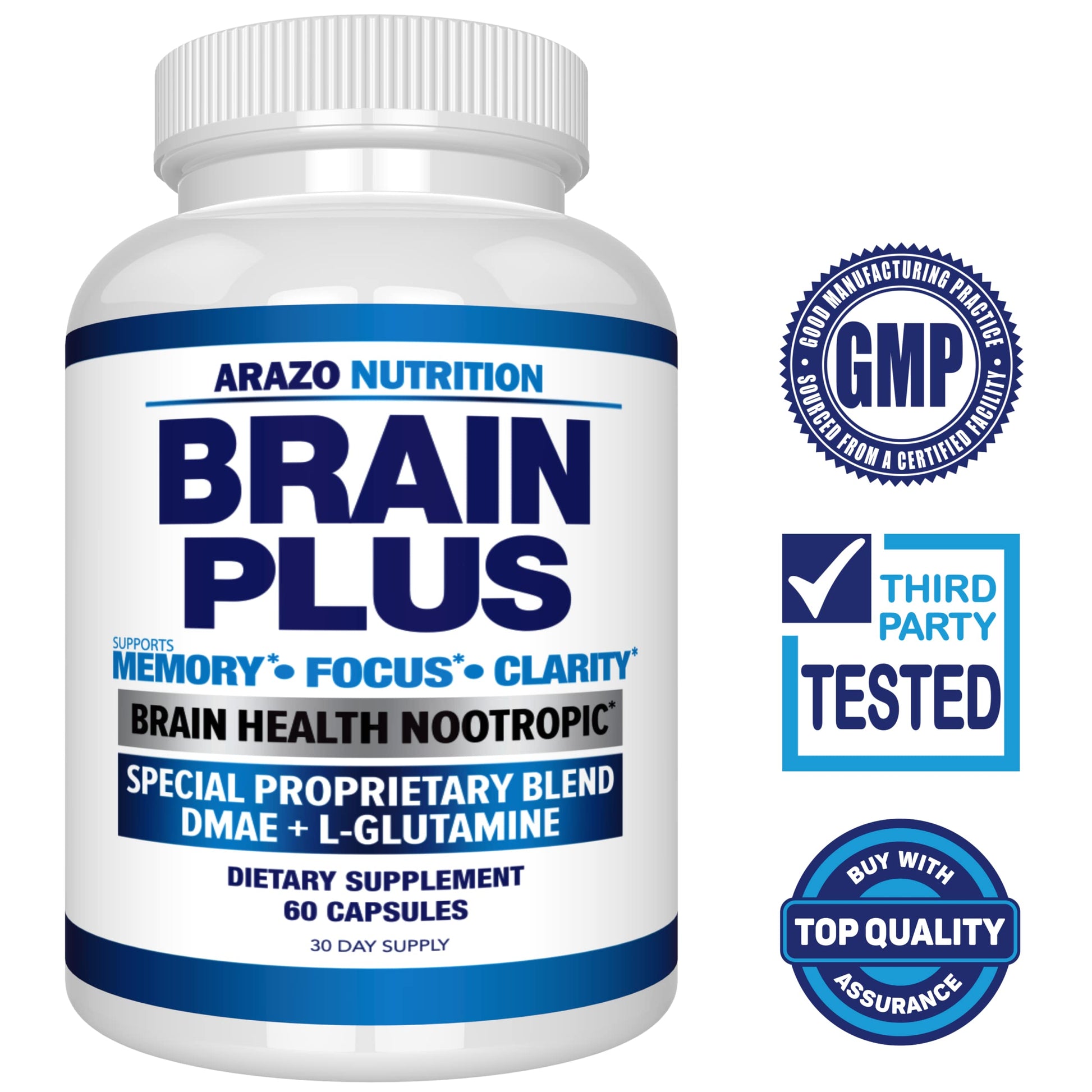 Arazo Nutrition Premium Brain Function Supplement – Memory, Focus, Clarity – Nootropic Booster with DMAE, Bacopa Monnieri, L-Glutamine, Multi Vitamins, Multi Minerals Arazo NutritionAu supplements