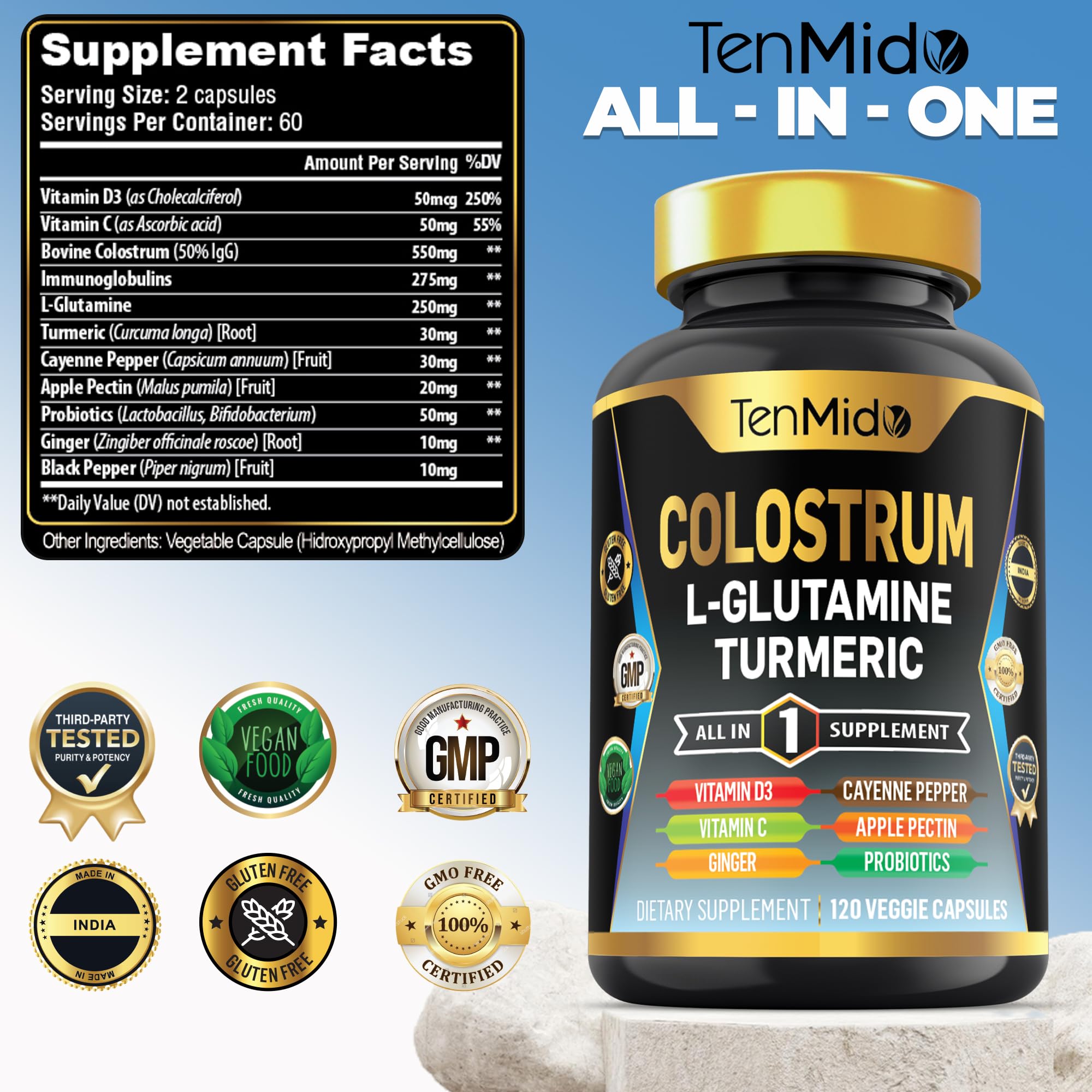 Tenmido Colostrum Supplement - 10in1 Formula - Combine with L- Glutamine, Turmeric, Cayenne Pepper, Apple Pectin, Probiotics, Ginger, and More - Digestive Health, Immune Support - 120 Capsules TenmidoAu supplements