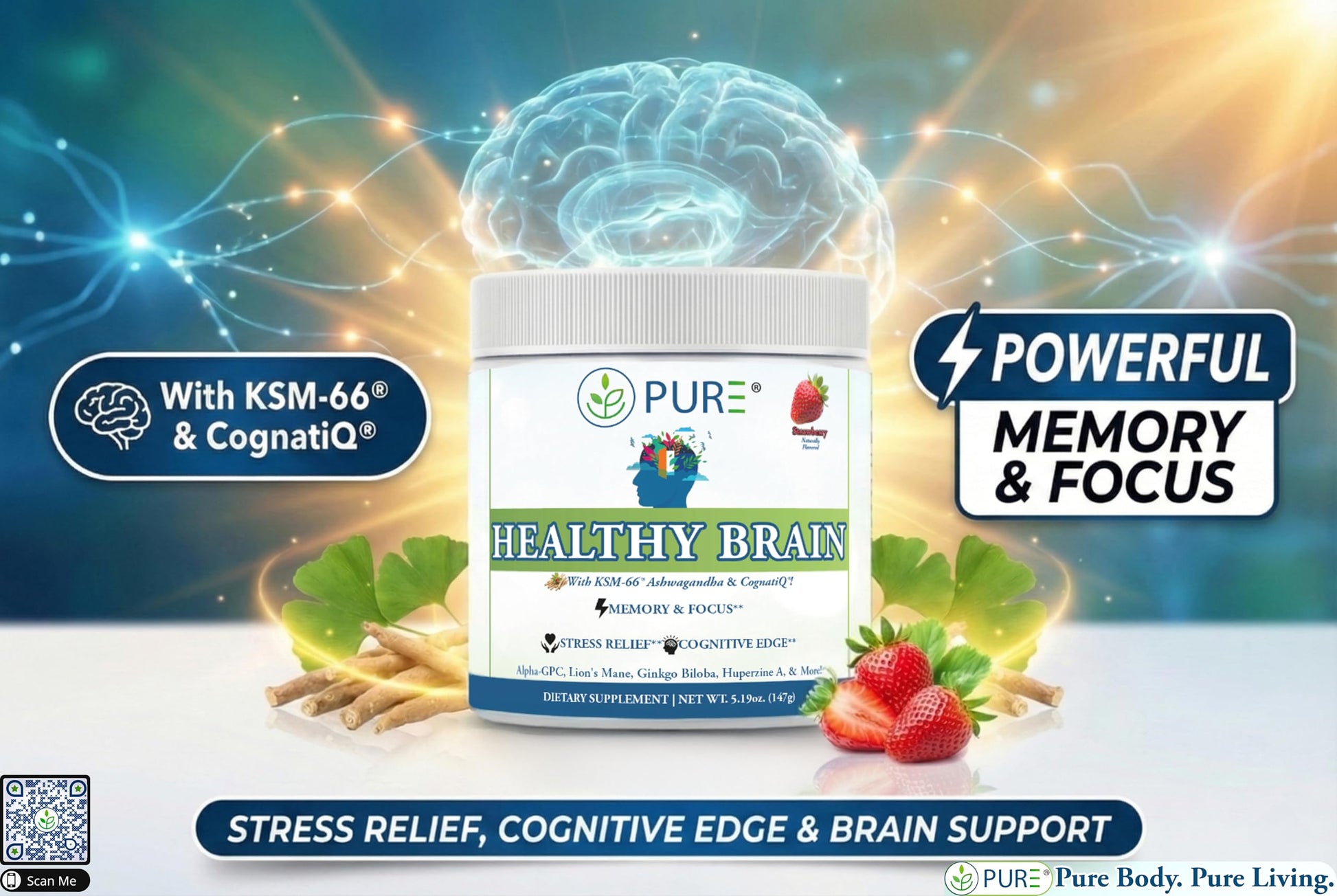 PURE® Healthy Brain Nootropic Powder - 30 Servings - 1.25g Lion’s Mane, 600mg Alpha-GPC & KSM-66® Ashwagandha - Cognitive Support for Memory, Focus & Stress Relief - 147 Grams, Strawberry Flavor! PUREAu supplements