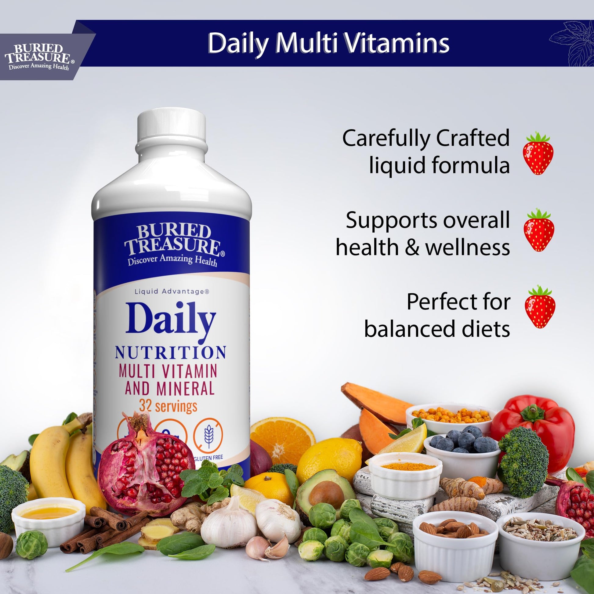 Buried Treasure Daily Nutrition Liquid Multivitamin and Mineral Supplement with Trace Minerals, Superfoods, Vitamin A, B-Complex, C, D, E, Methylfolate, Biotin, Magnesium, Zinc, Resveratrol, 32 serv Buried TreasureAu supplements