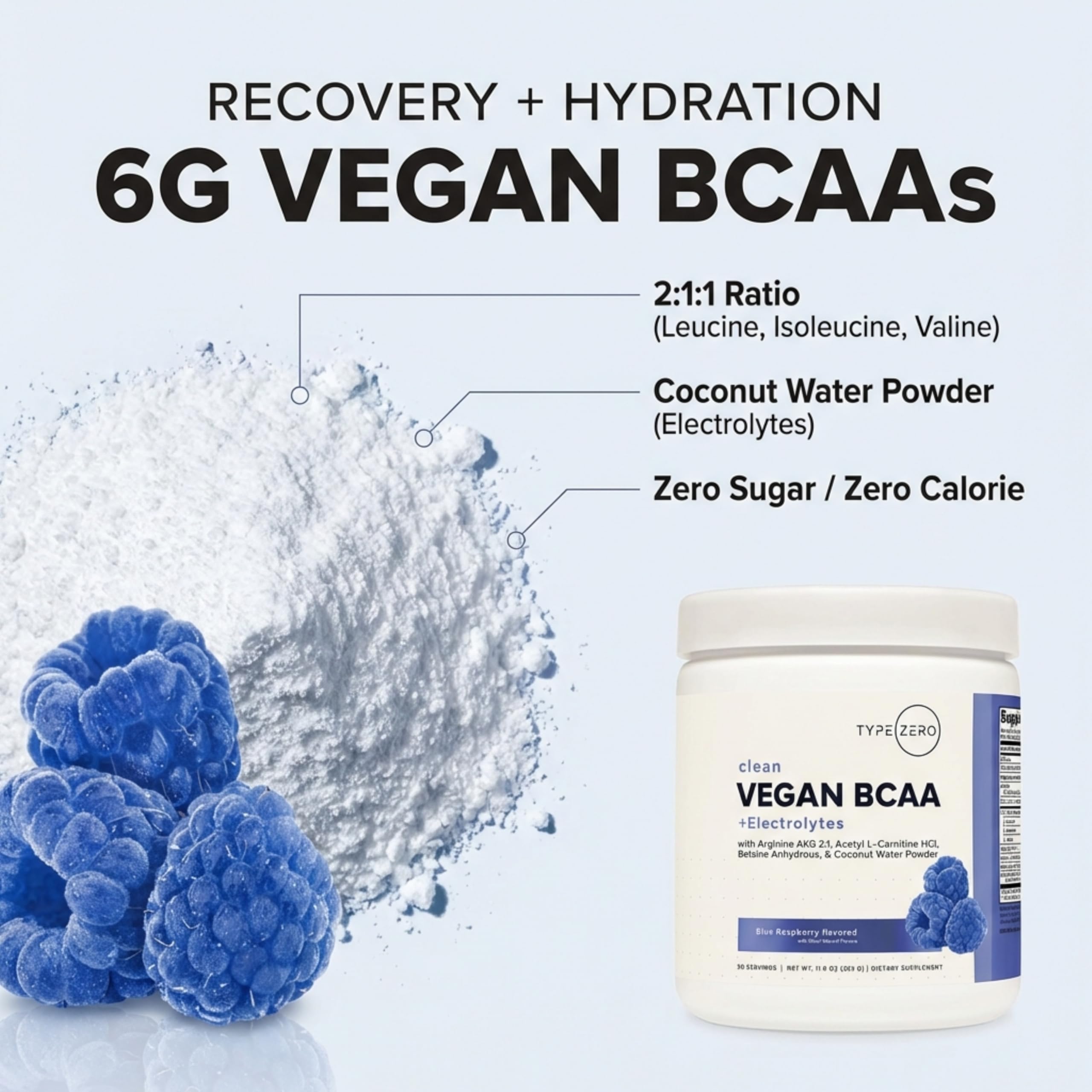 Type Zero Ultra Clean Vegan BCAA Powder + Electrolytes (Blue Raspberry | 6G) 2:1:1 Sugar-Free/No Sucralose BCAAs Amino Acids Supplement - BCAA Vegan Amino Acids After Workout Drink, 30 Servings Type ZeroUS supplements