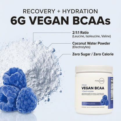 Type Zero Ultra Clean Vegan BCAA Powder + Electrolytes (Blue Raspberry | 6G) 2:1:1 Sugar-Free/No Sucralose BCAAs Amino Acids Supplement - BCAA Vegan Amino Acids After Workout Drink, 30 Servings Type ZeroUS supplements