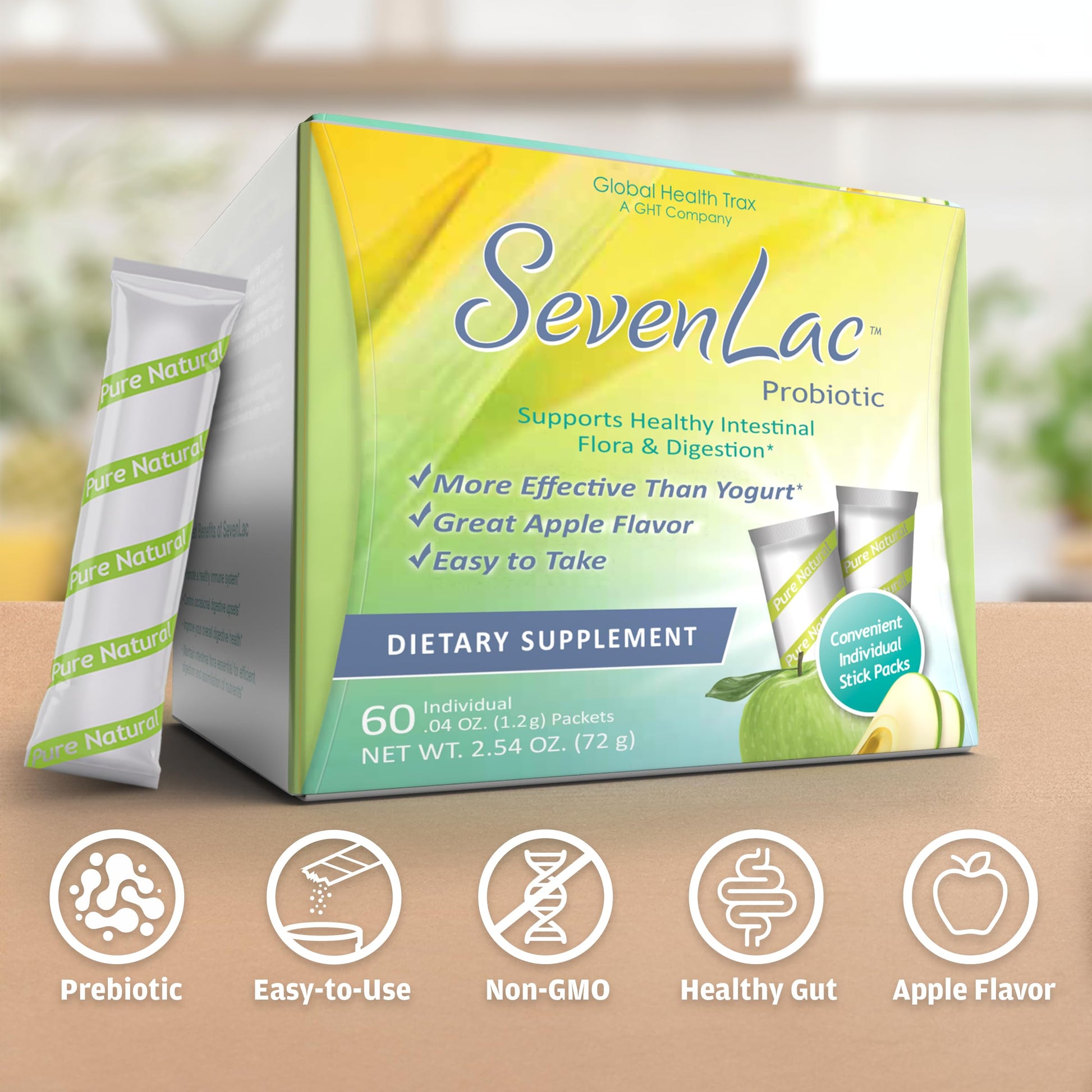 Global Health Trax SevenLac Apple Probiotic Powder Drink Mix, Probiotics for Women, Men, and Kids – Smooth Digestive Support - Relieves Constipation and Gas – 60 Packets, 2.54 Oz, Non-GMO, Gluten-Free ght Global Health TraxAu supplements