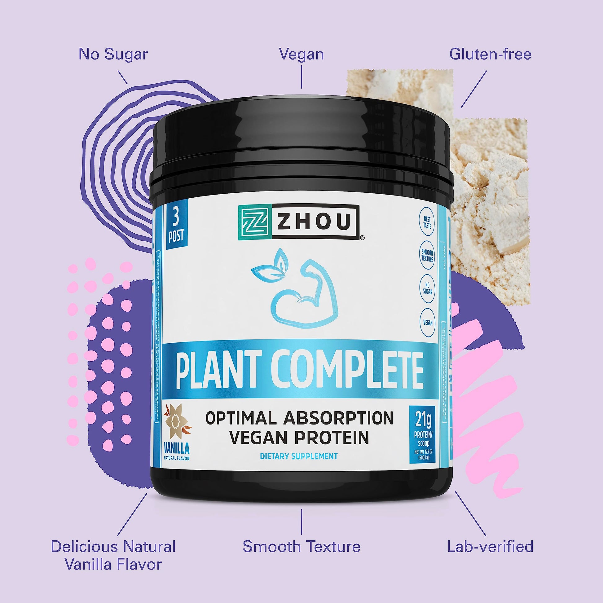 Zhou Nutrition Plant Based Vegan Protein Powder, Best Absorption Digest Score, Complete Zhou NutritionUS supplements