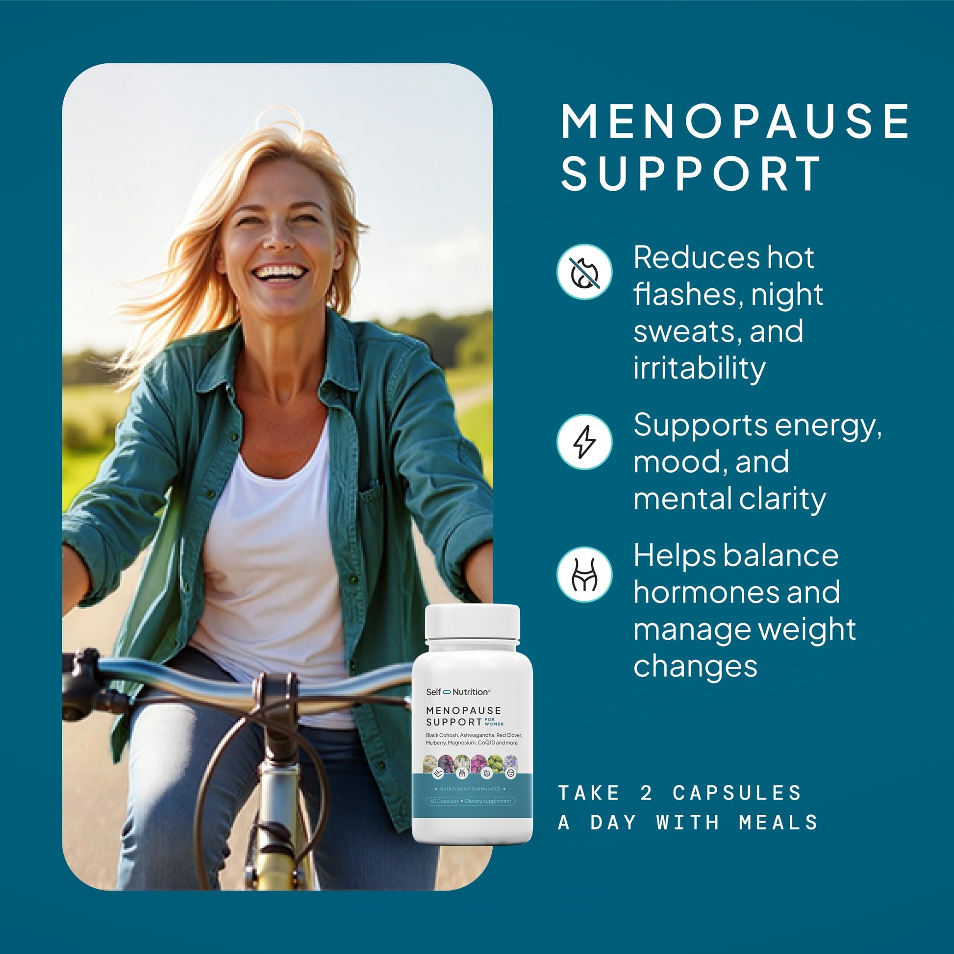SELF NUTRITION Menopause Support for Women -All-Natural, Hormone-Free Perimenopause & Menopause Support. Unique Blend for Hot Flashes, Mood, Energy, Sleep & More. Vegan, Gluten-Free, 60 Capsules. SELF NUTRITIONAu supplements