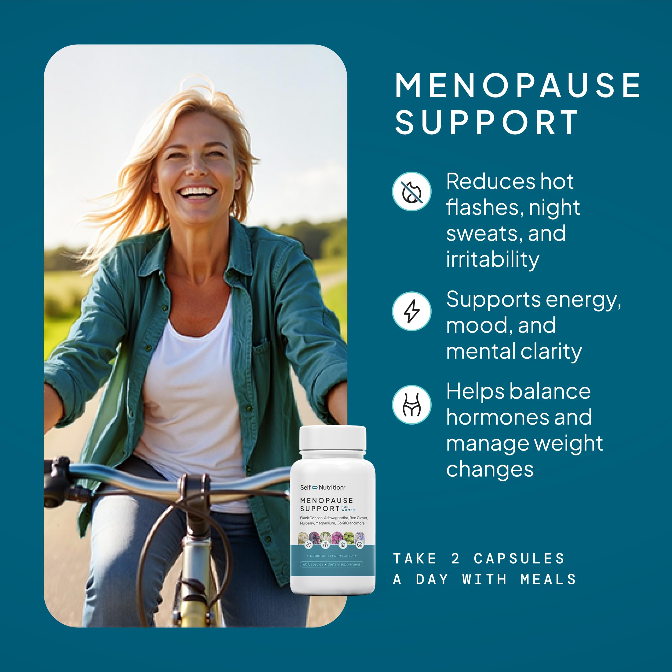 SELF NUTRITION Menopause Support for Women -All-Natural, Hormone-Free Perimenopause & Menopause Support. Unique Blend for Hot Flashes, Mood, Energy, Sleep & More. Vegan, Gluten-Free, 60 Capsules. SELF NUTRITIONAu supplements