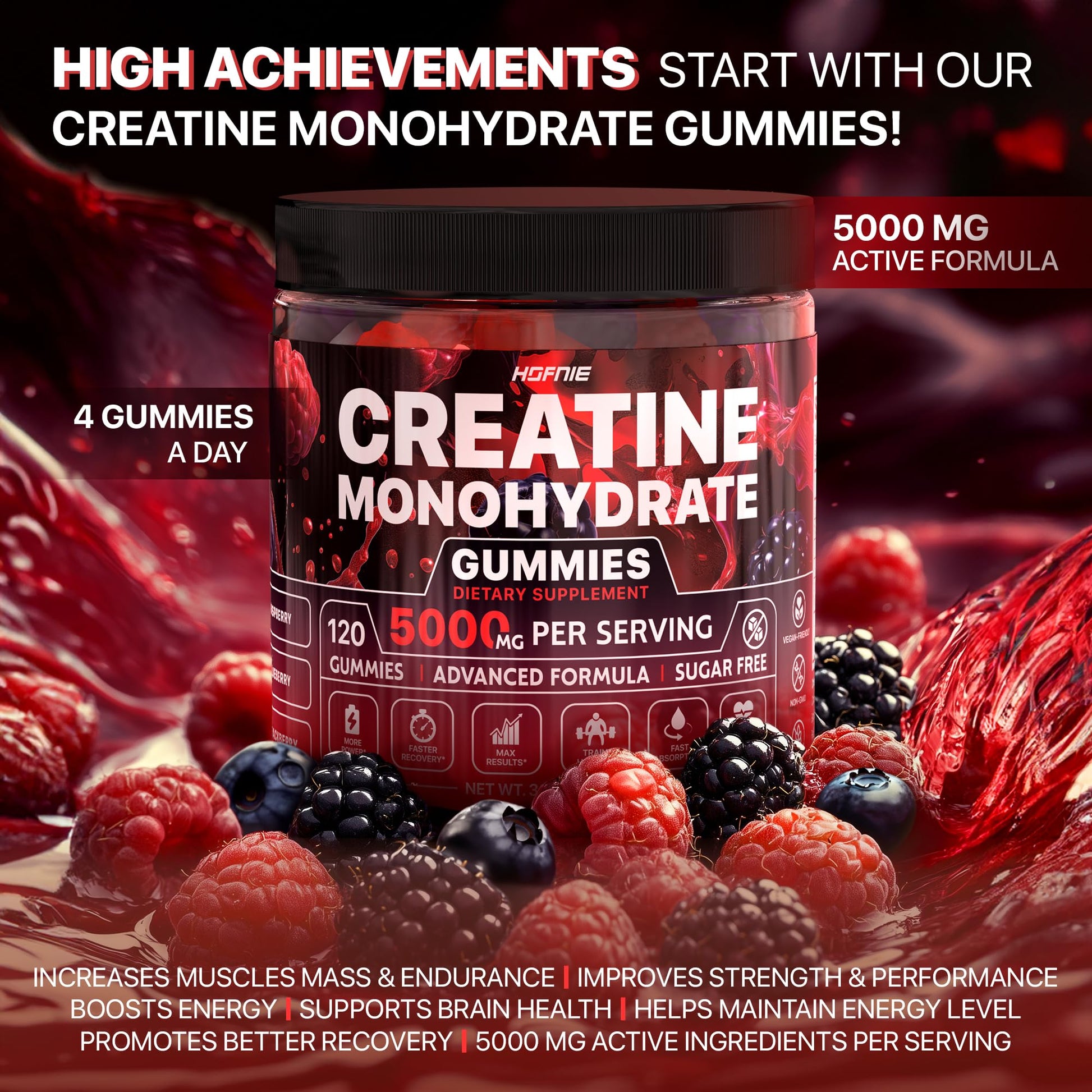 Hofnie Creatine Monohydrate Gummies 5000 mg – Vegan, Sugar-Free Pre Workout Creatine for Men & Women – Raspberry & BlackBerry Flavored Chewable Creatine Monohydrate, 120 Gummies (30-Day Supply) HofnieAu supplements