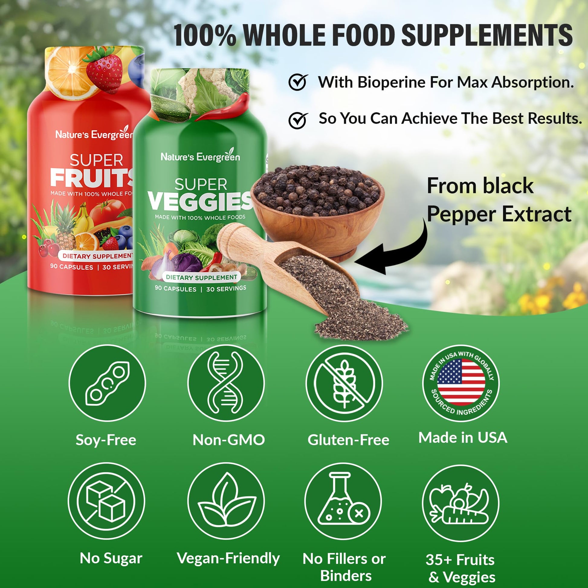 Fruits and Veggies Supplement - Nature Fruits and Vegetables Supplements - Vegan, Non GMO, Soy Free, Superfood Vitamins & Minerals Nutritional Balance - (Total 180 Capsules - Pack of 2) Made in USA Nature's EvergreenAu supplements