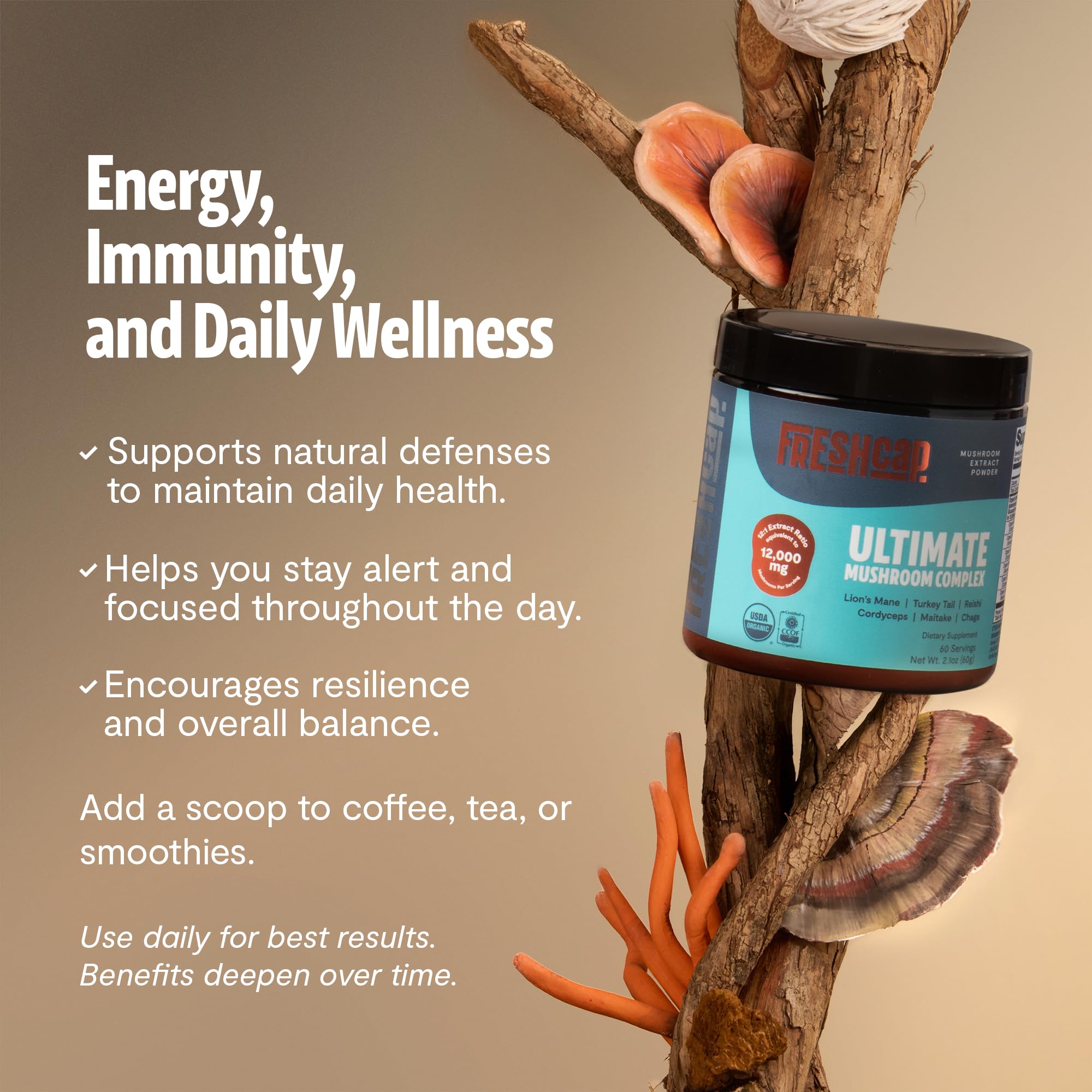 FreshCap Mushrooms Ultimate Mushroom Supplement Powder 12,000mg - Nootropic Organic Mushroom Complex for Focus & Memory, Brain Support Supplement, Ayurveda Mushroom Powder Extract (60 Servings) FreshCap MushroomsAu supplements