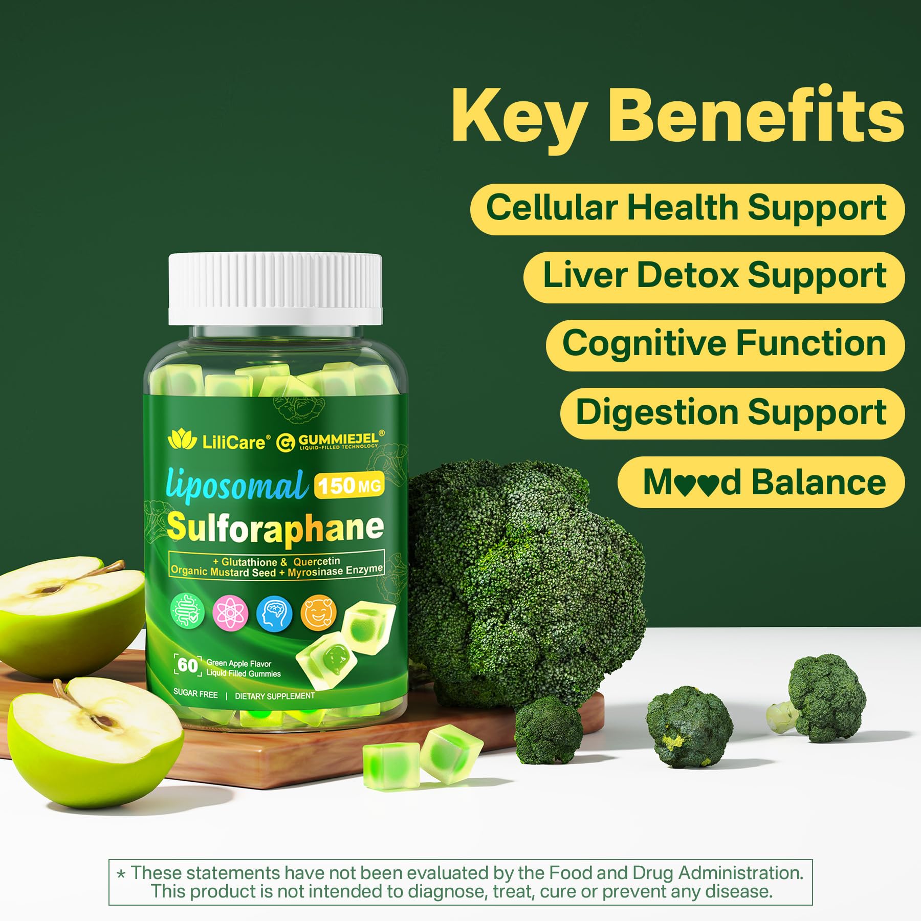 Liposomal Sulforaphane Supplement 150mg, from Broccoli Seed Extract w/Myrosinase, Quercetin, Glutathione, Sulforaphane Supplement Gummies for Antioxidants Detox Cellular Brain Health, Chewable 60Cts LILICAREAu supplements