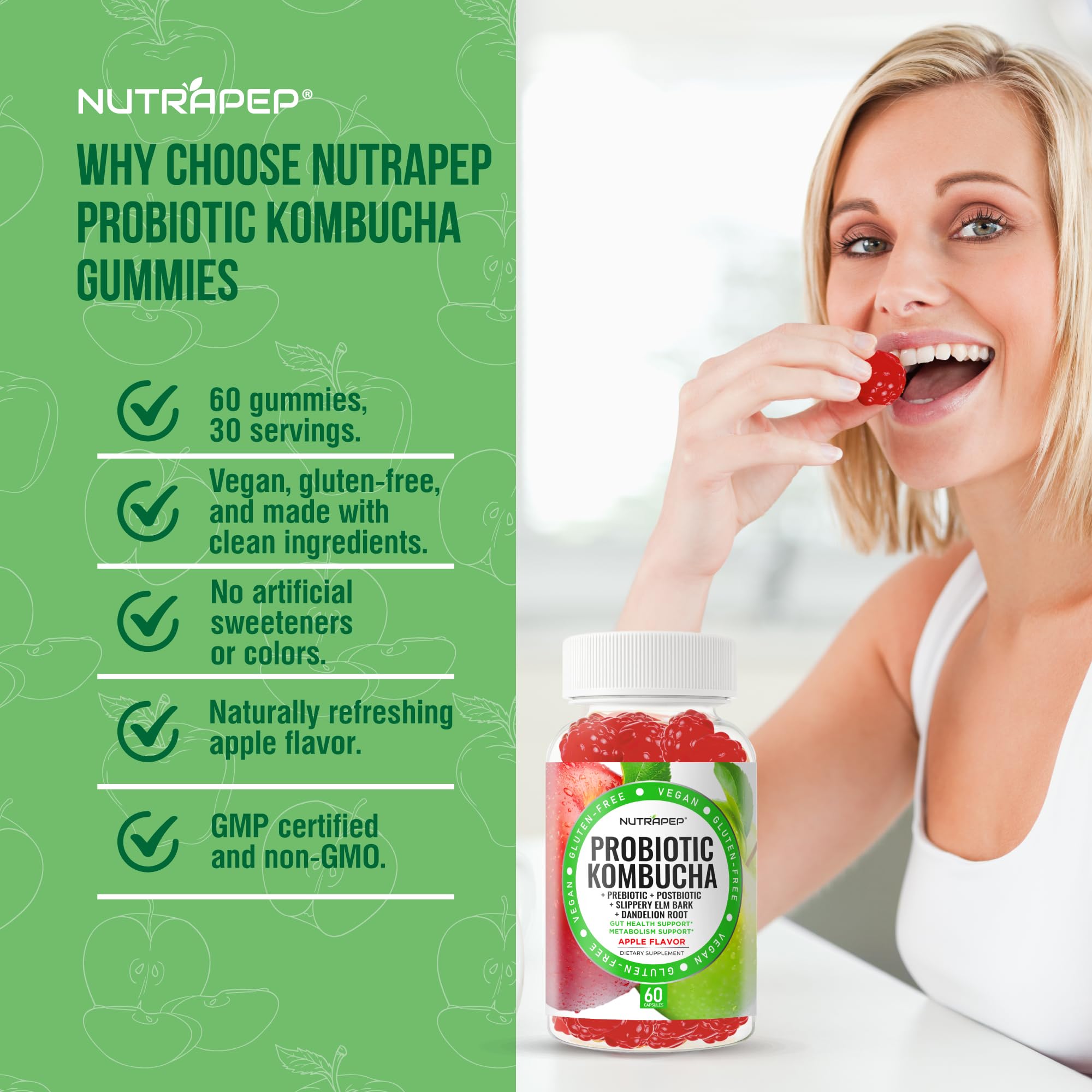 NutraPep Probiotic Kombucha Gummies - Women Men Probiotic Prebiotic Probiotic Blend for Gut Health Bloating Metabolism Support with Slippery Elm Bark Dandelion Root - Vegan Gluten Free Apple Flavor NutraPepAu supplements