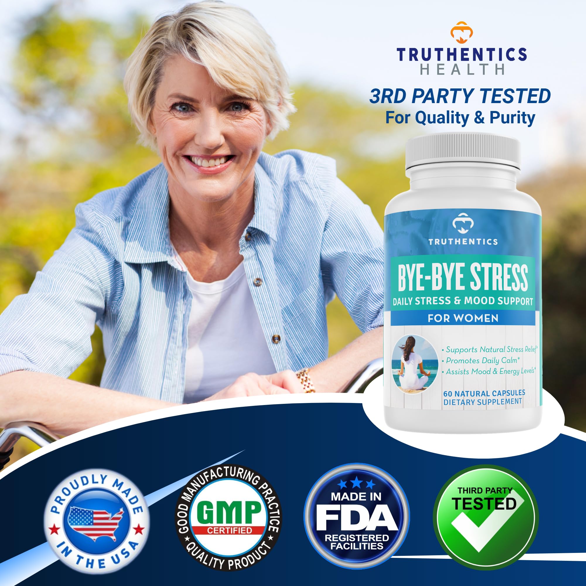 TRUTHENTICS Bye-Bye Stress - Stress & Mood Support Supplement for Women with Ashwagandha, GABA, Lemon Balm, L-Theanin & Vitamin B Complex - Vegan - 60 Capsules TRUTHENTICSAu supplements