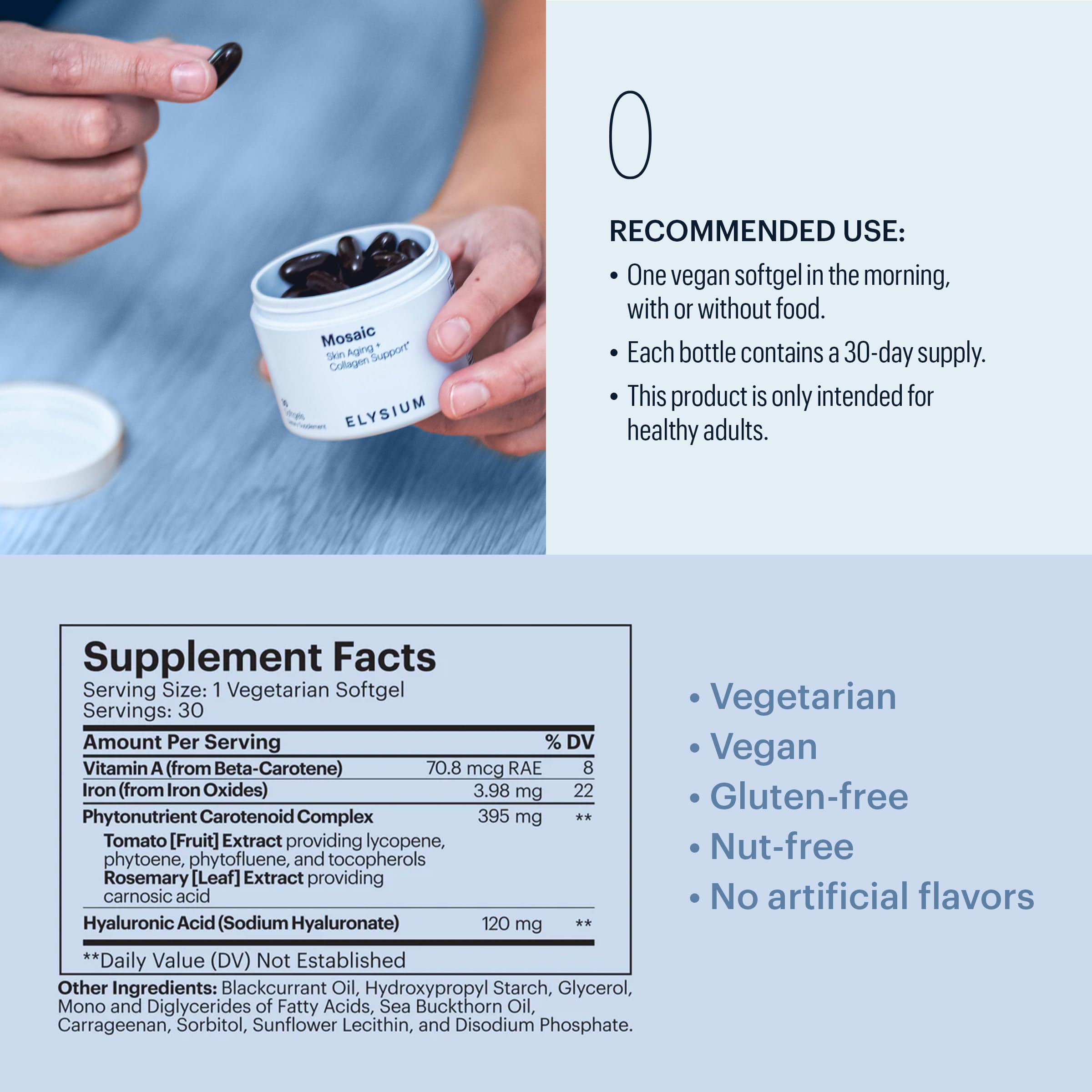 ELYSIUM Mosaic - Hyaluronic Acid Supplement - Clinically Proven - Fights Fine Lines & Skin Aging - Collagen Supplement - 30-Day Supply (Vegan Softgels) ELYSIUMUS supplements