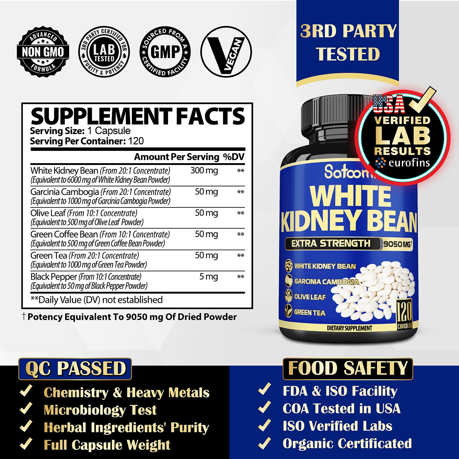6in1 White Kidney Bean Extract Capsules 9050 Mg - with Garcinia Cambogia, Olive Leaf SatoomiUS supplements