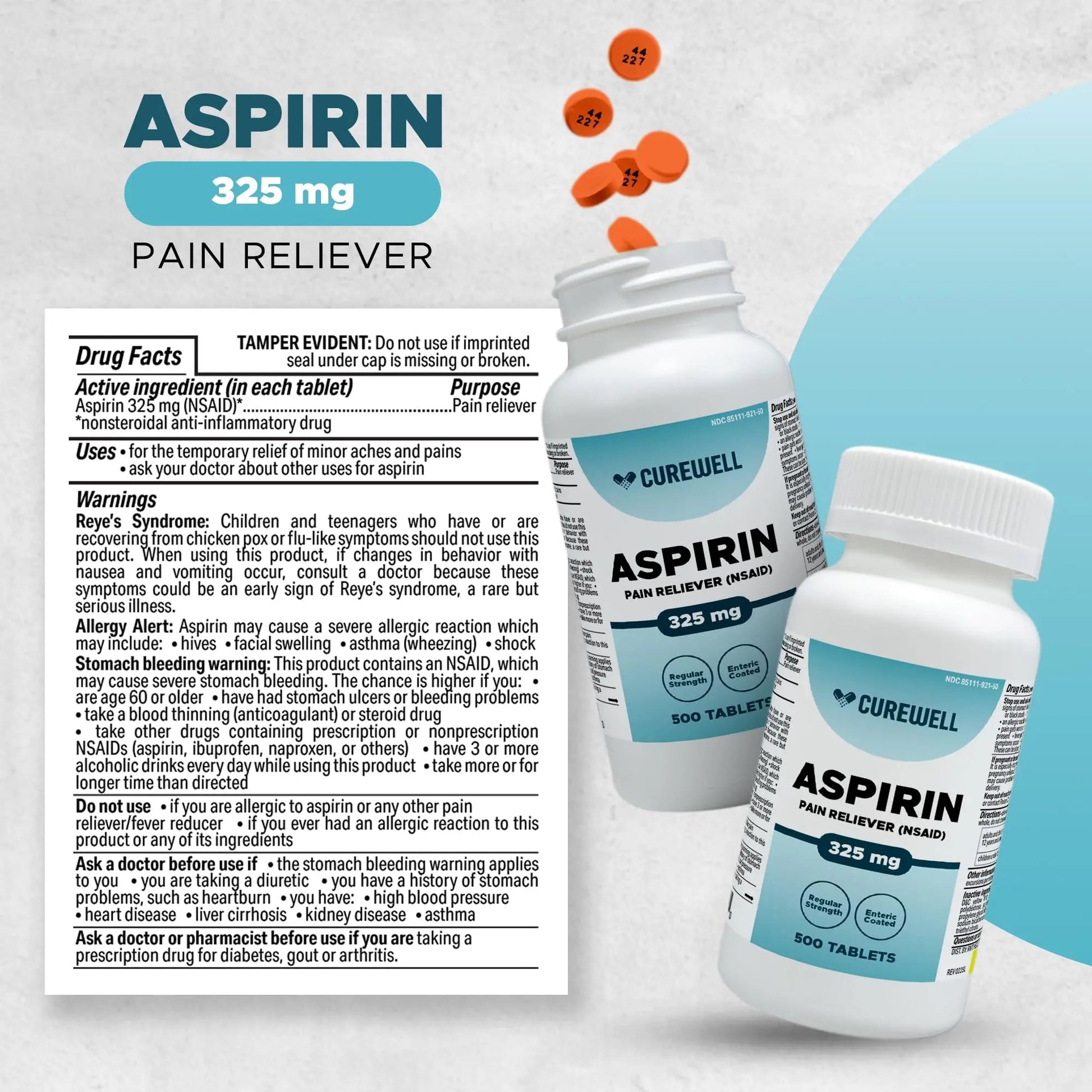 CUREWELL Enteric Coated Aspirin Tablets 325mg (500 Count) NSAID Pain Reliever & Fever Reducer Coated Aspirin for Adults - Regular Strength for Headache Arthritis Menstrual & Muscle Pain CUREWELLAu supplements