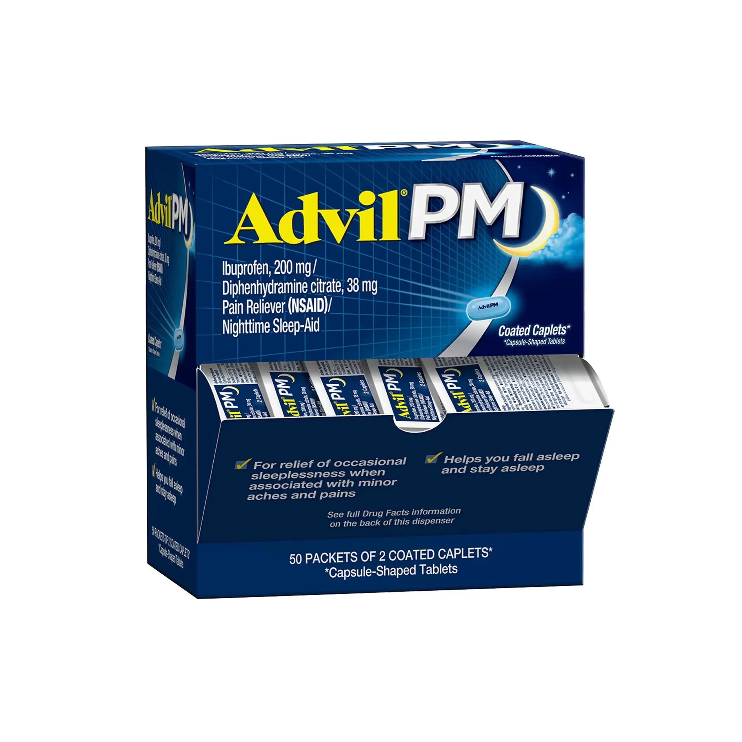 Advil PM Pain Reliever and Nighttime Sleep Aid, Pain Medicine with Ibuprofen for Pain Relief and Diphenhydramine Citrate for a Sleep Aid - 50x2 Coated Caplets AdvilAu supplements