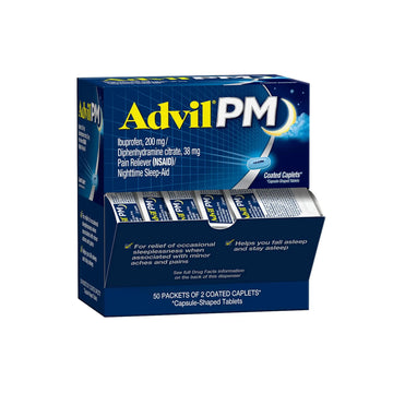 Advil PM Pain Reliever and Nighttime Sleep Aid, Pain Medicine with Ibuprofen for Pain Relief and Diphenhydramine Citrate for a Sleep Aid - 50x2 Coated Caplets AdvilAu supplements
