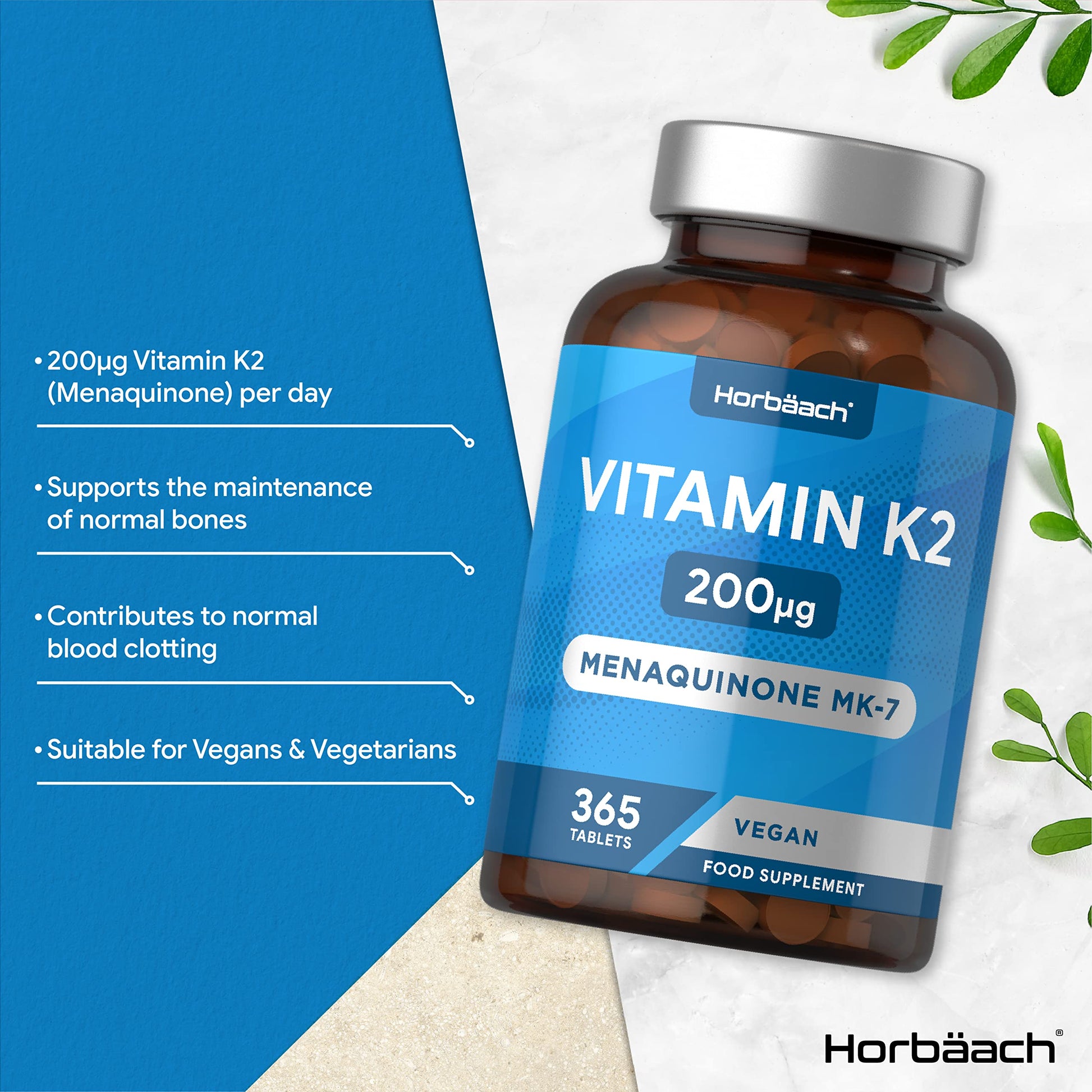 Vitamin K2 MK7 200ug | 365 Vegan Tablets | High Strength Menaquinone MK-7 HorbäachUS supplements