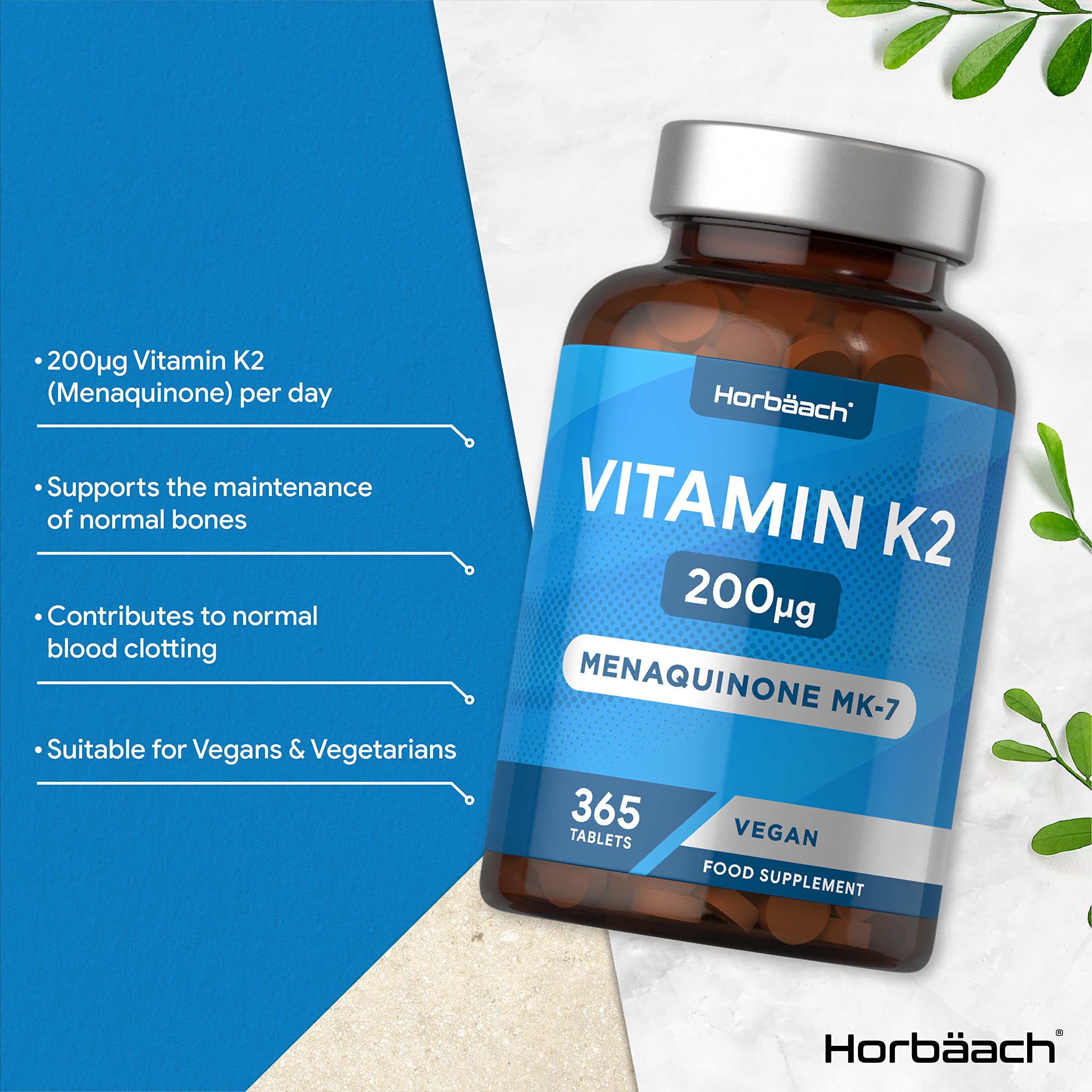 Vitamin K2 MK7 200ug | 365 Vegan Tablets | High Strength Menaquinone MK-7 HorbäachUS supplements