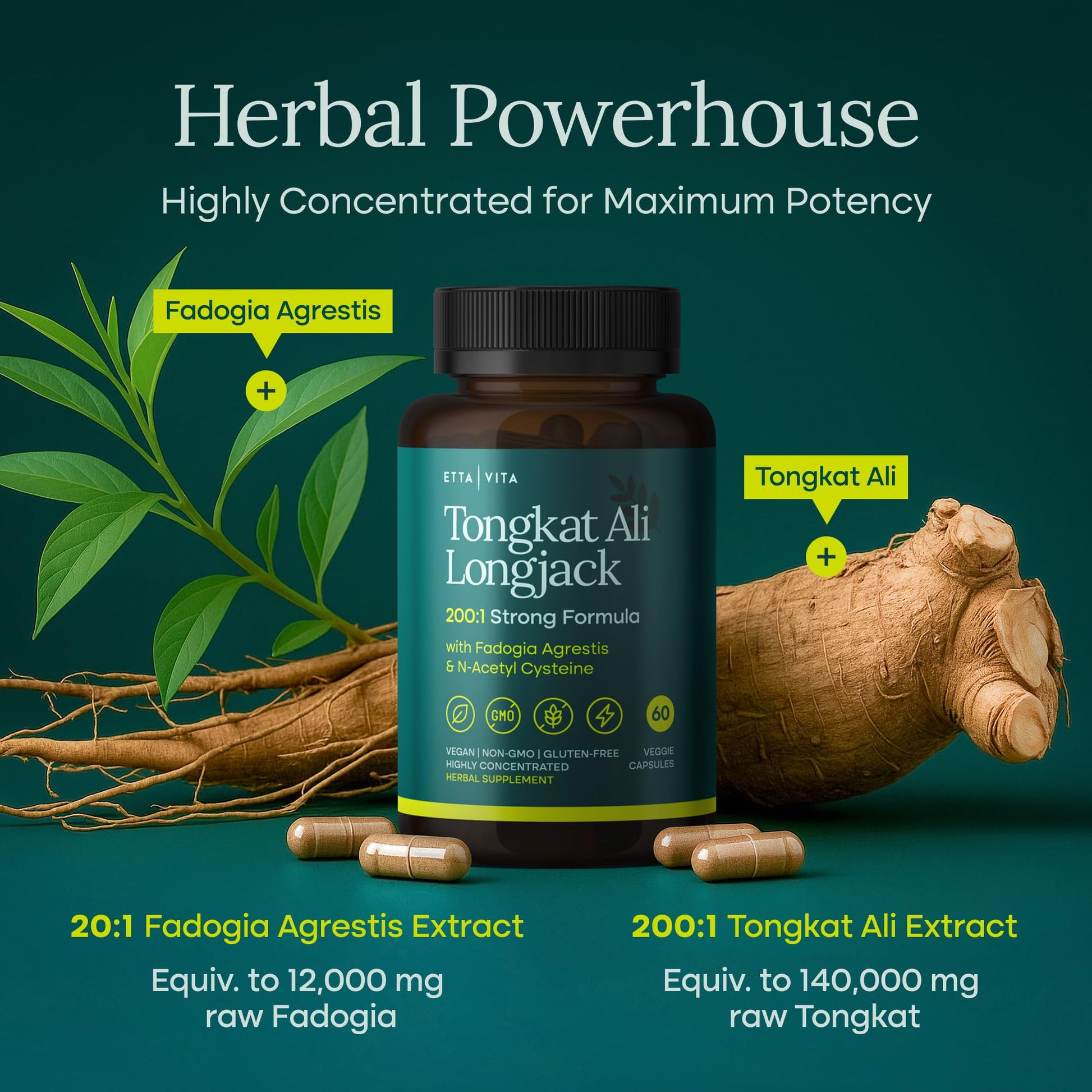 Potent Longjack - Tongkat Ali & Fadogia Agrestis Supplement for Men & Womens Energy, T Support, Lean Muscle Growth & Recovery, Hormonal Balance, Pre-Workout with Vegan NAC Liver Detox & Cleanse Etta VitaAu supplements