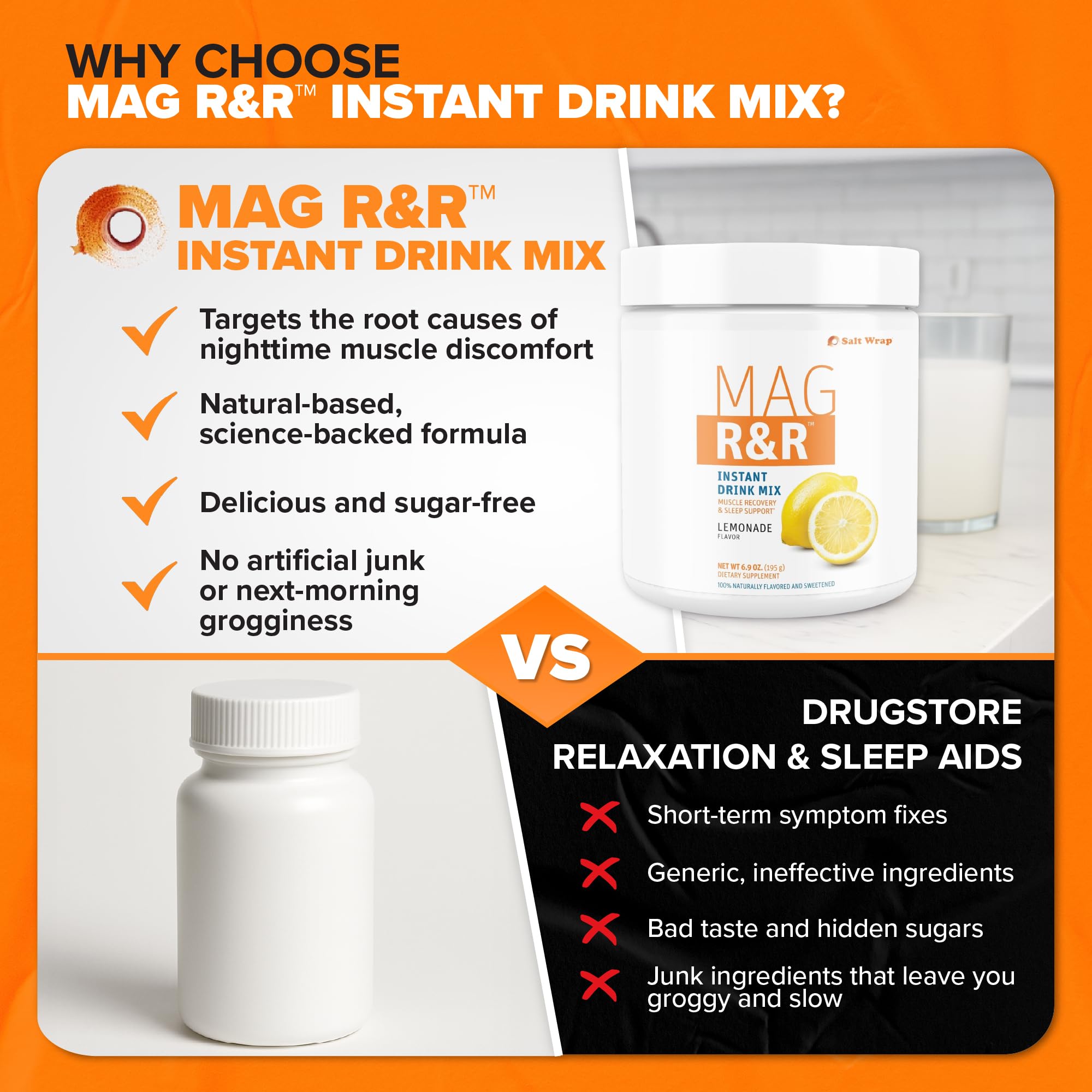 SaltWrap Mag R&R Instant Drink Mix - Sugar-Free Nighttime Magnesium Glycinate Powder with Stevia & FiberSMART® - Muscle Cramp & Leg Cramps Relief, Sleep & Relaxation Support - 30 Servings SaltWrapAu supplements